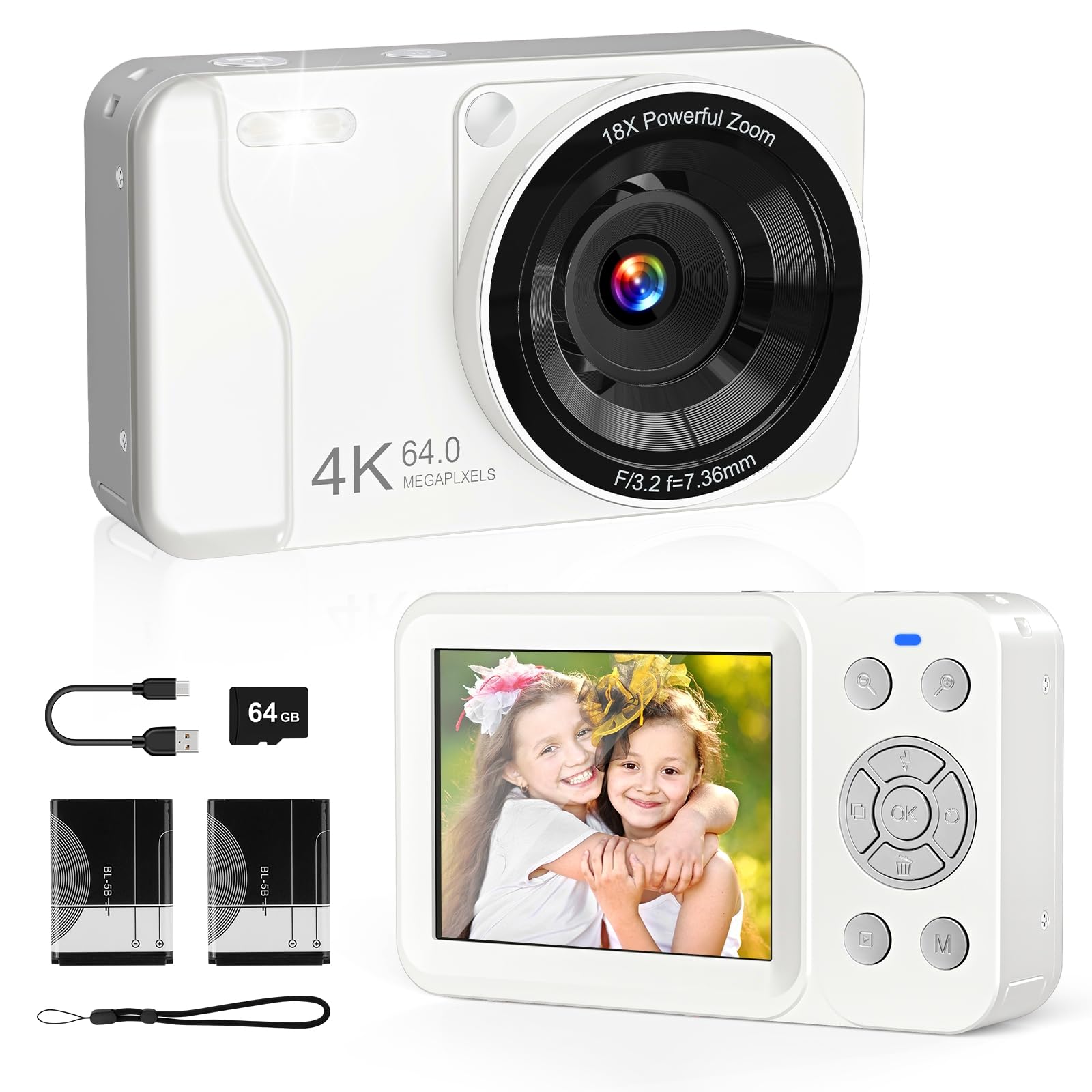 Fotocamera 4K 64MP Con Autofocus, Zoom 16X, Schermo 2.4'', Flash E Due Batterie 1200mAh – Per Bambini E Principianti
