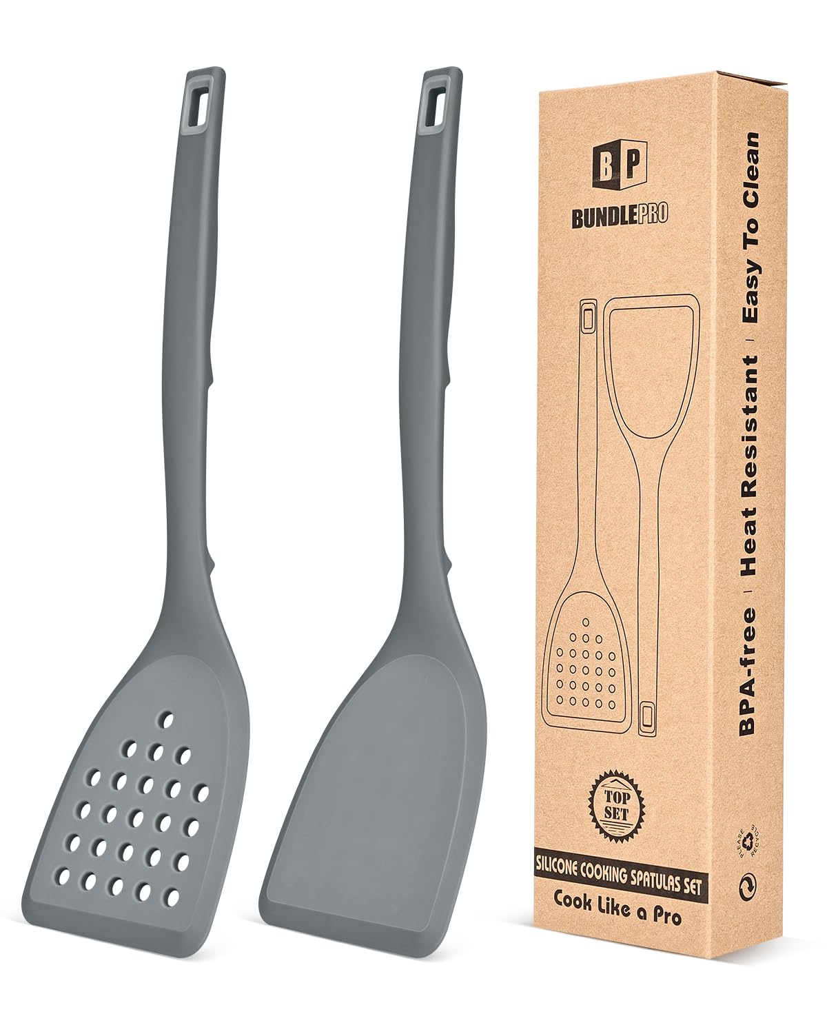 Pack of 2 Silicone Spatula Turner, Non Stick Kitchen Spatulas Set with Back Hooks, Heat Resistant BPA Free Kitchen Utensils, Suitable for Flipping Fish, Eggs, Steak, Pancakes (Gray)