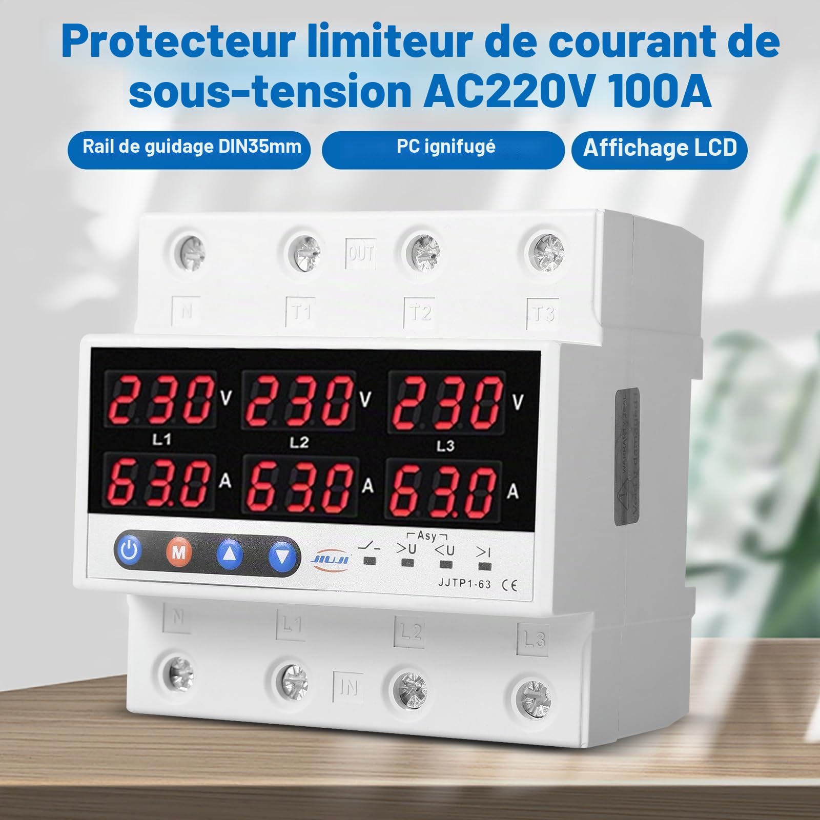 DEWIN Protecteur de Courant de Tension Triphasé, Voltmètre Ampèremètre à Rail DIN Triphasé Relais de Surtension et de Sous-tension AC 220V 100A