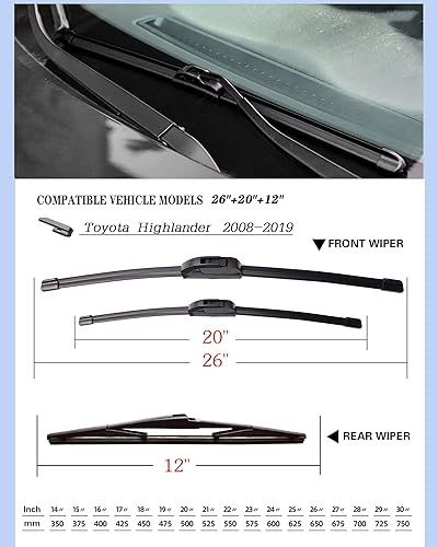 Miniatura 2 de Juego de 3 limpiaparabrisas de repuesto para Toyota Highlander 2008-2019, juego de limpiaparabrisas de 26 + 20 + 12 pulgadas (juego de 3) gancho UJ