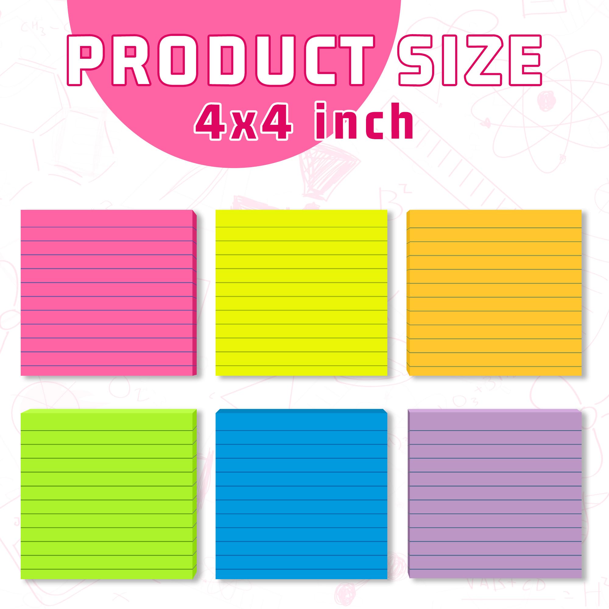 12 blocchetti di foglietti adesivi foderati da 10,2 x 10,2 cm, 6 colori vivaci con linee autoadesive, forte adesivo, 46 fogli/blocchetto, 552 fogli in totale