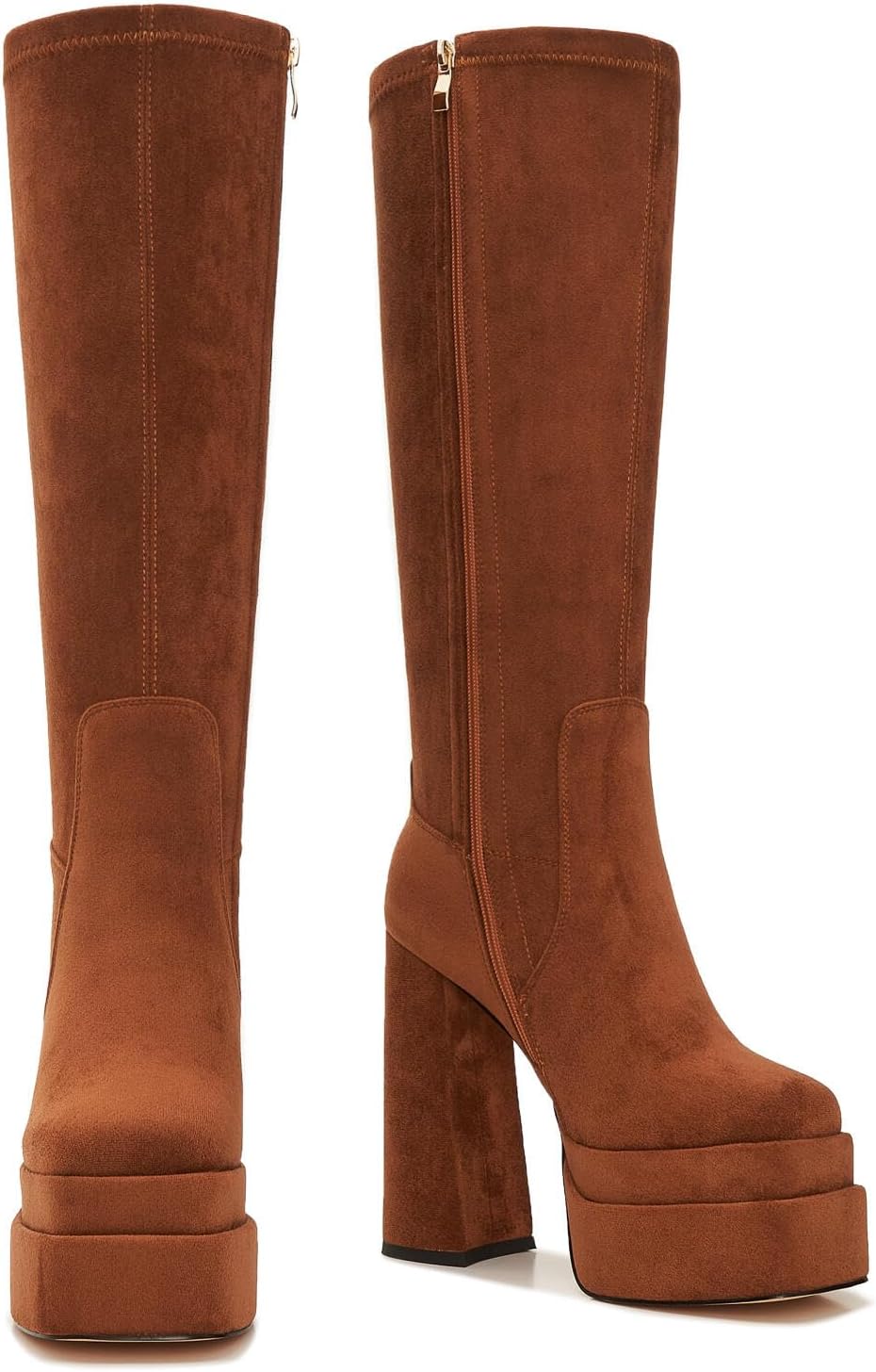 ZXHYZLZ Women's Wide Calf Knee High Suede Platform Boots – Chunky High Heel Stretch Pull-On Tall Boots for Plus Size Legs