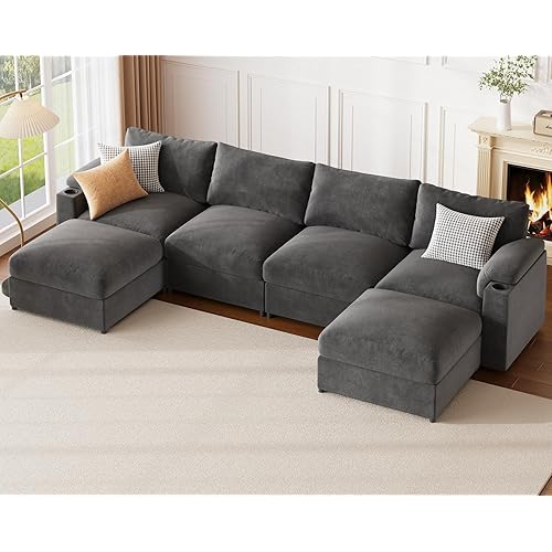 Sectional Couches for Living Room 116 Inch U Shaped Cloud Couch Modular Sofa Deep Seat 6-Seat Velvet Convertible Sleeper Sofa Chaise Padded Armrests Cup Holder (Grey, 110Inch-1)
