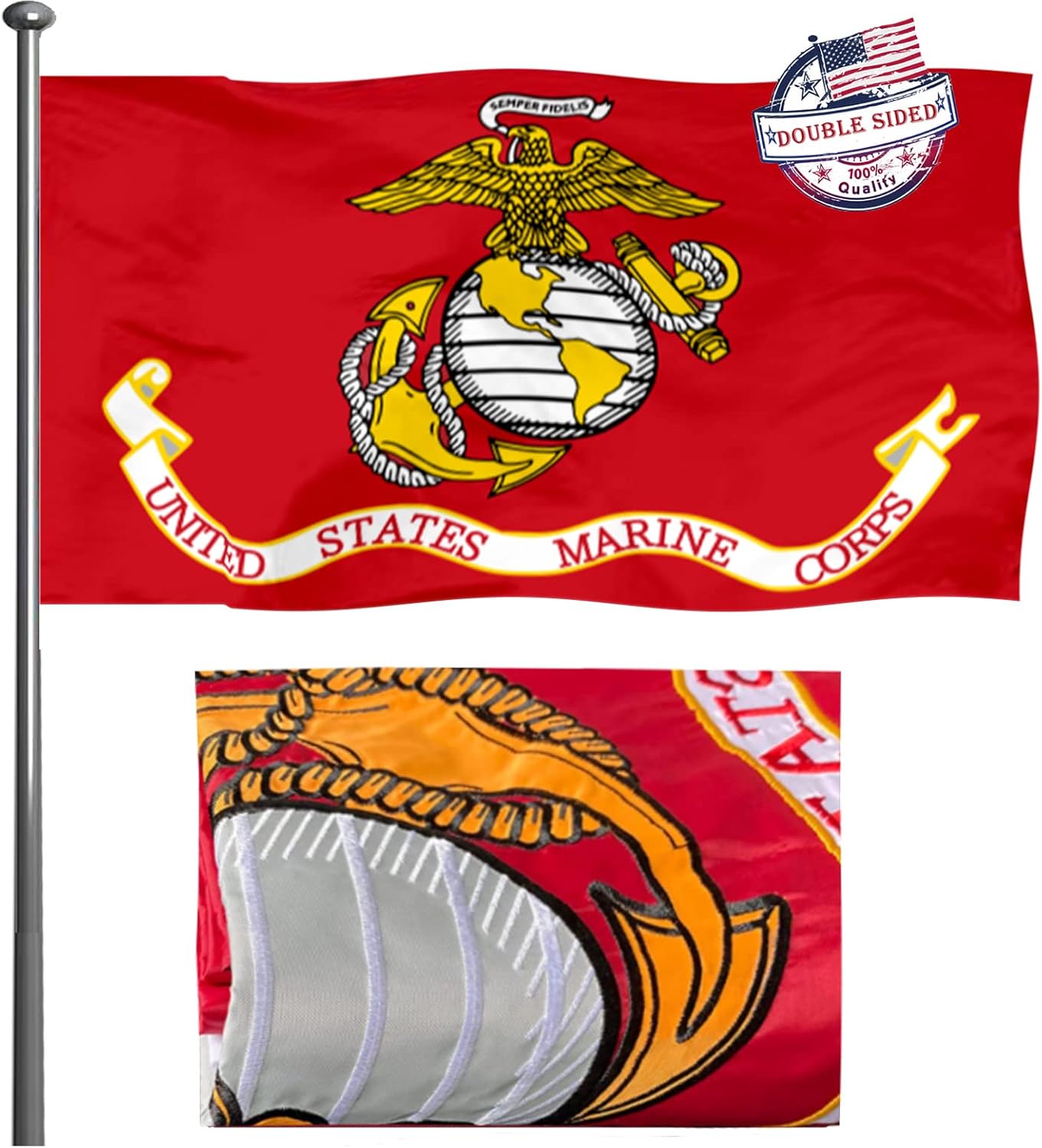Marine Corps Flag - 3x5 Outdoor Double Sided Embroidery - USMC Flag, Heavy Duty Polyester, Super Durable