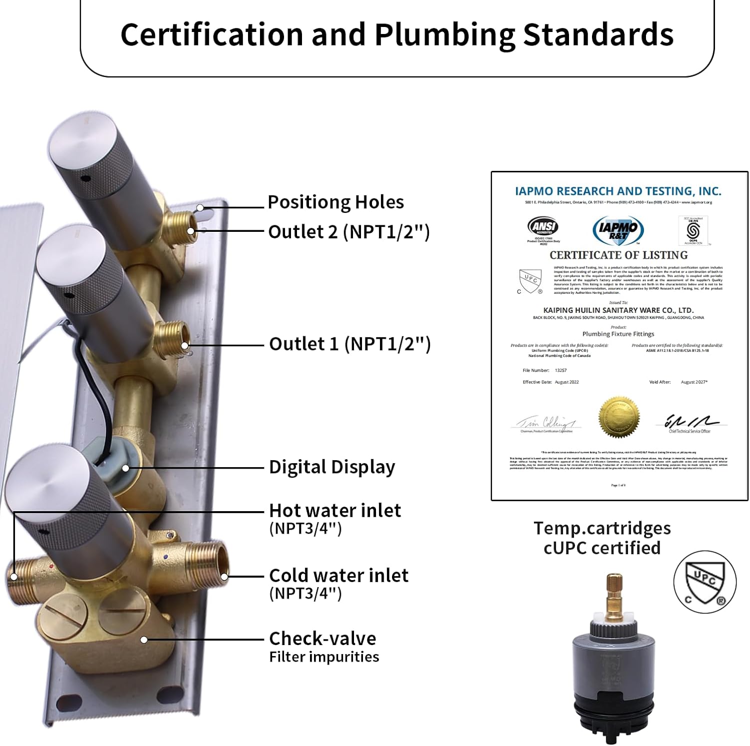 2 Way Shower Diverter Valve Brass 2 Functions Digital Temperature Display Thermostatic Shower Mixing Valve Kit 3 Handle Flow Cotrol Valve, Can Run Simultaneously Brushed Nickel