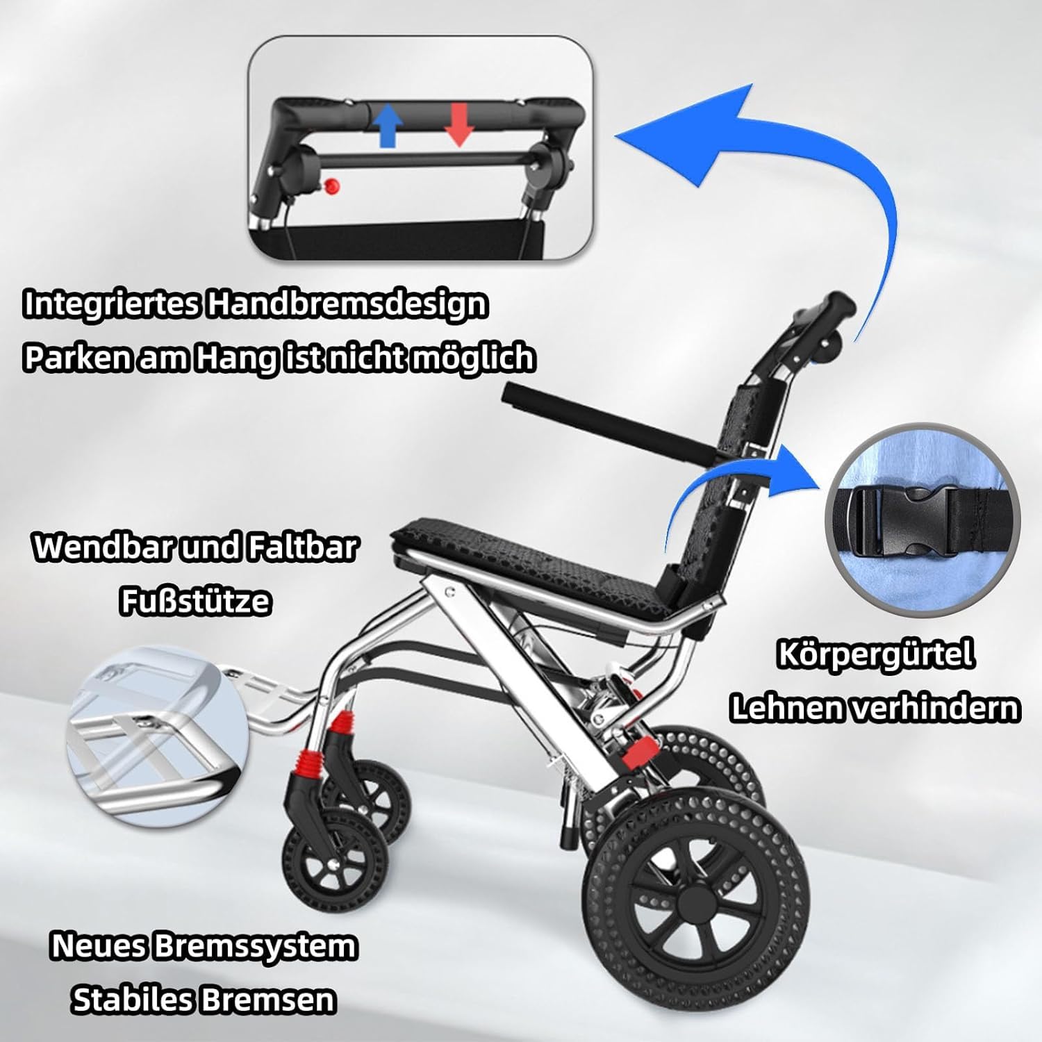 Sedia a rotelle pieghevole in alluminio leggero, sedie a rotelle con braccioli reversibili a 270°, sedie a rotelle autospinte, pesa solo 10 kg dopo la piegatura, può essere facilmente riposta nel ba