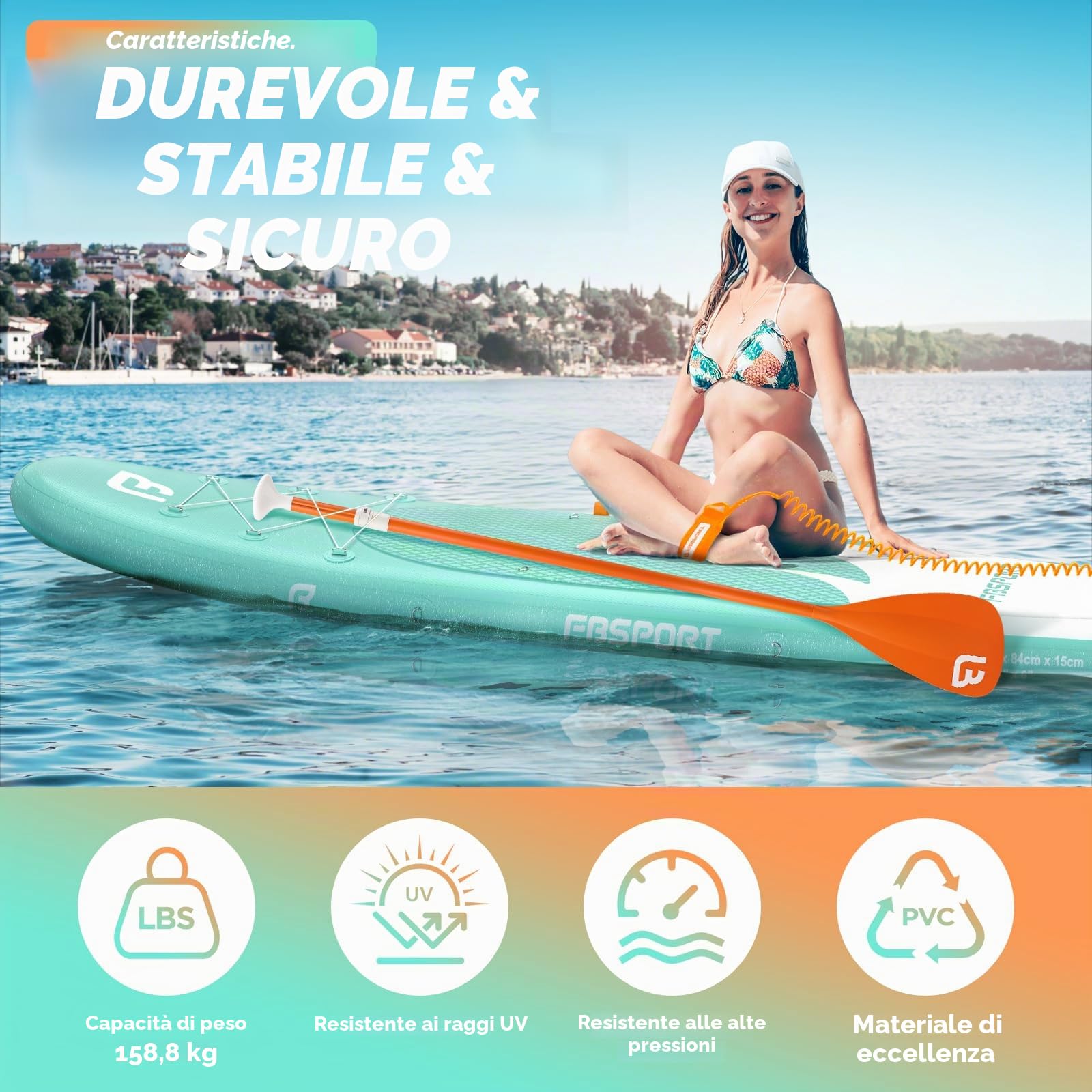FBSPORT Tavola SUP Gonfiabile 335cm Stand Up Paddle Board Spessa 15cm con Pagaia Regolabile, Zaino, Pompa e Pinna Rimovibile