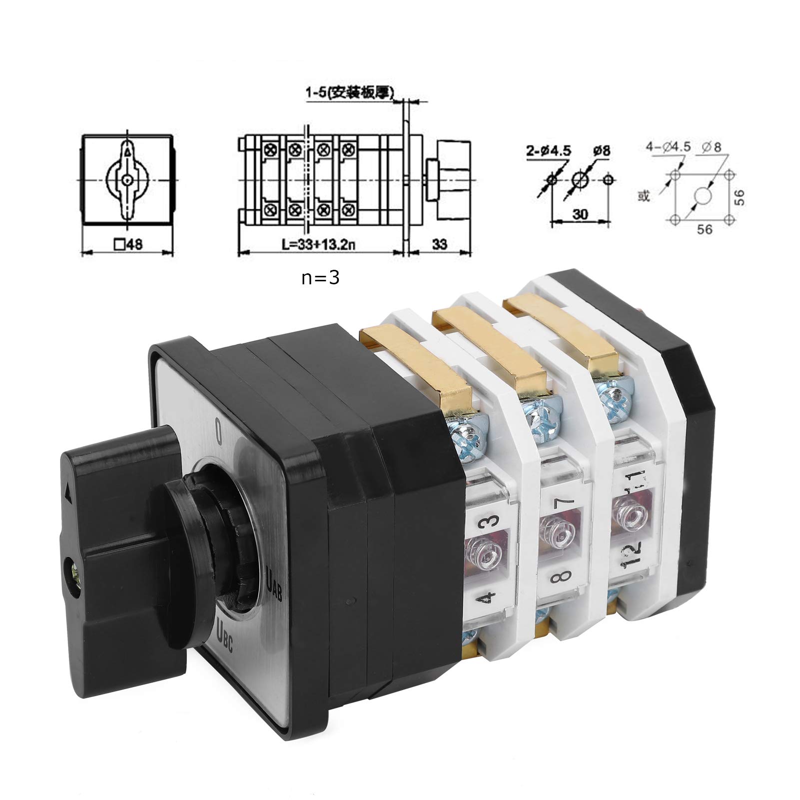 Switch, LW12D‑16YH3/3 Changeover Switch, 4 Positions Electric for Equipment Test Motor Control Circuit Control Transfer Switches