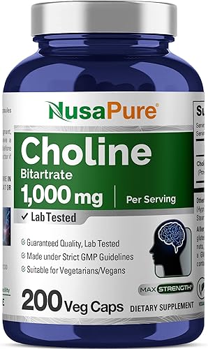 NusaPure Bitartrato de colina - Apto para vegetarianos/veganos, sin OMG - 1000 mg 200 cápsulas