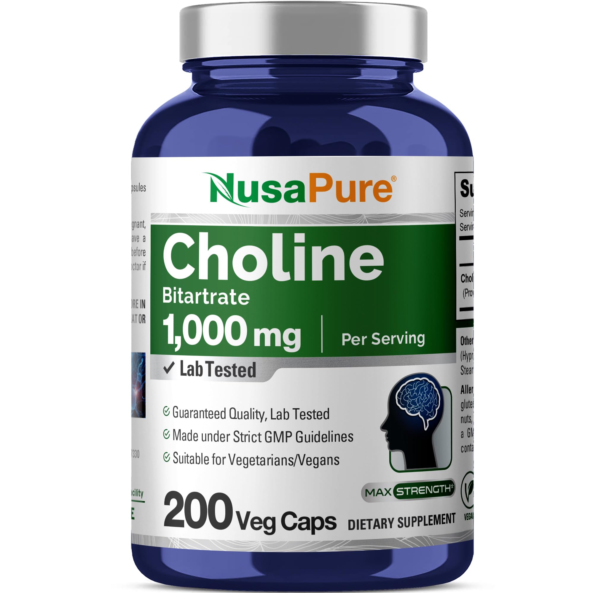 Choline Bitartrate - Suitable for Vegetarian/Vegan, Non - GMO - 1000 mg 200 Capsules