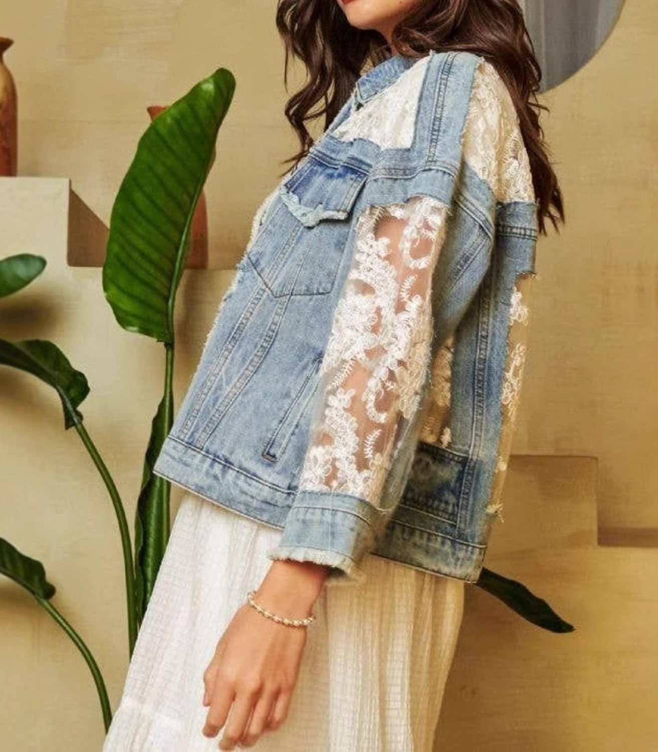 Women's Fall Denim Jackets Lace Embroidery Patchwork Ripped Jean Jackets Button Down Frayed Outwear Coat