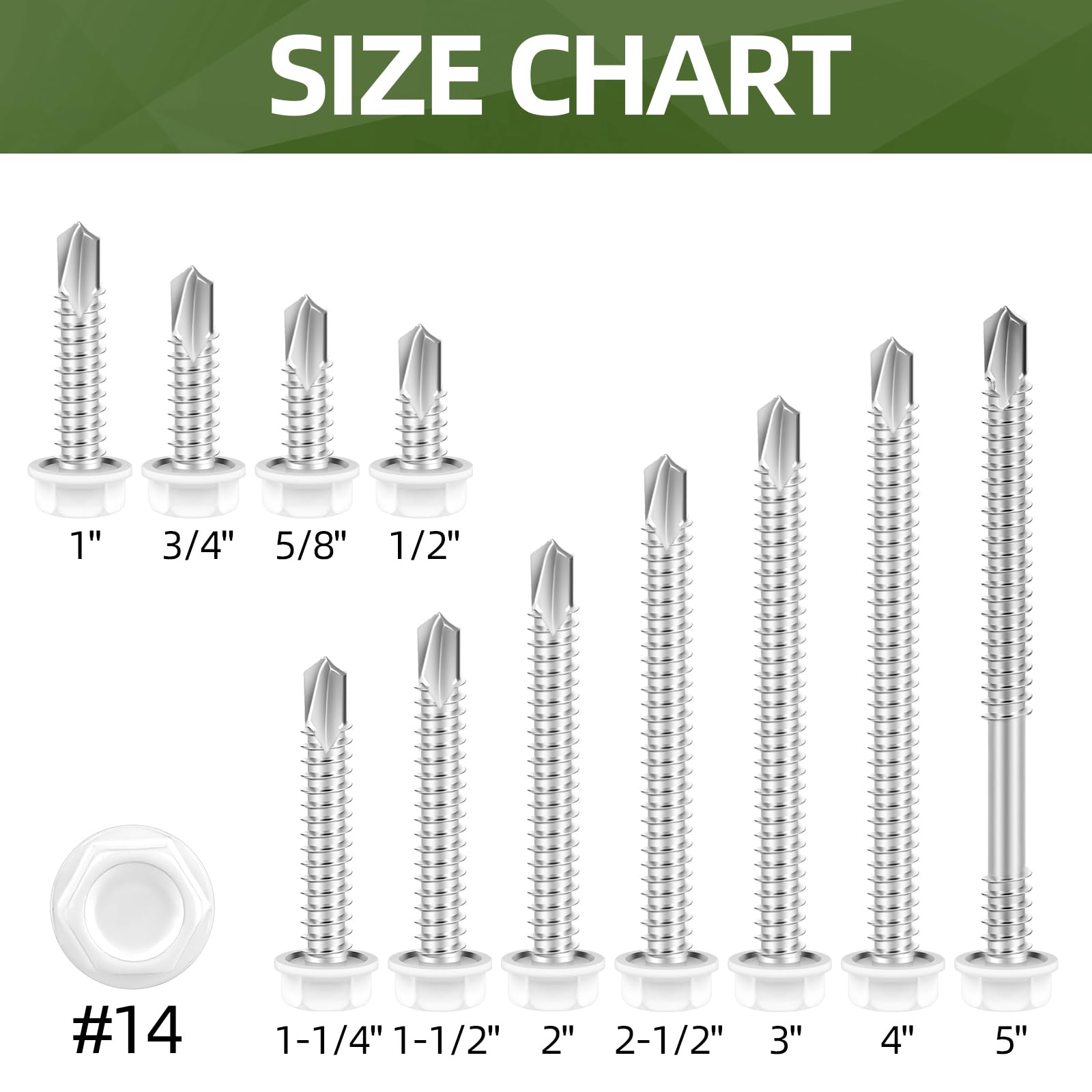 #14 x 6 (30 piezas) Tornillos de chapa de cabeza blanca, tornillo autoperforante de cabeza hexagonal con arandela, tornillos autorroscantes rápidos con brida, enchufe hexagonal incluido