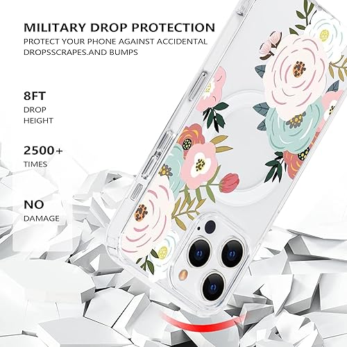 Miniatura 4 de Funda magnética transparente con diseño de flores para iPhone 15 Pro compatible con MagSafe, patrón floral transparente a prueba de golpes, parte
