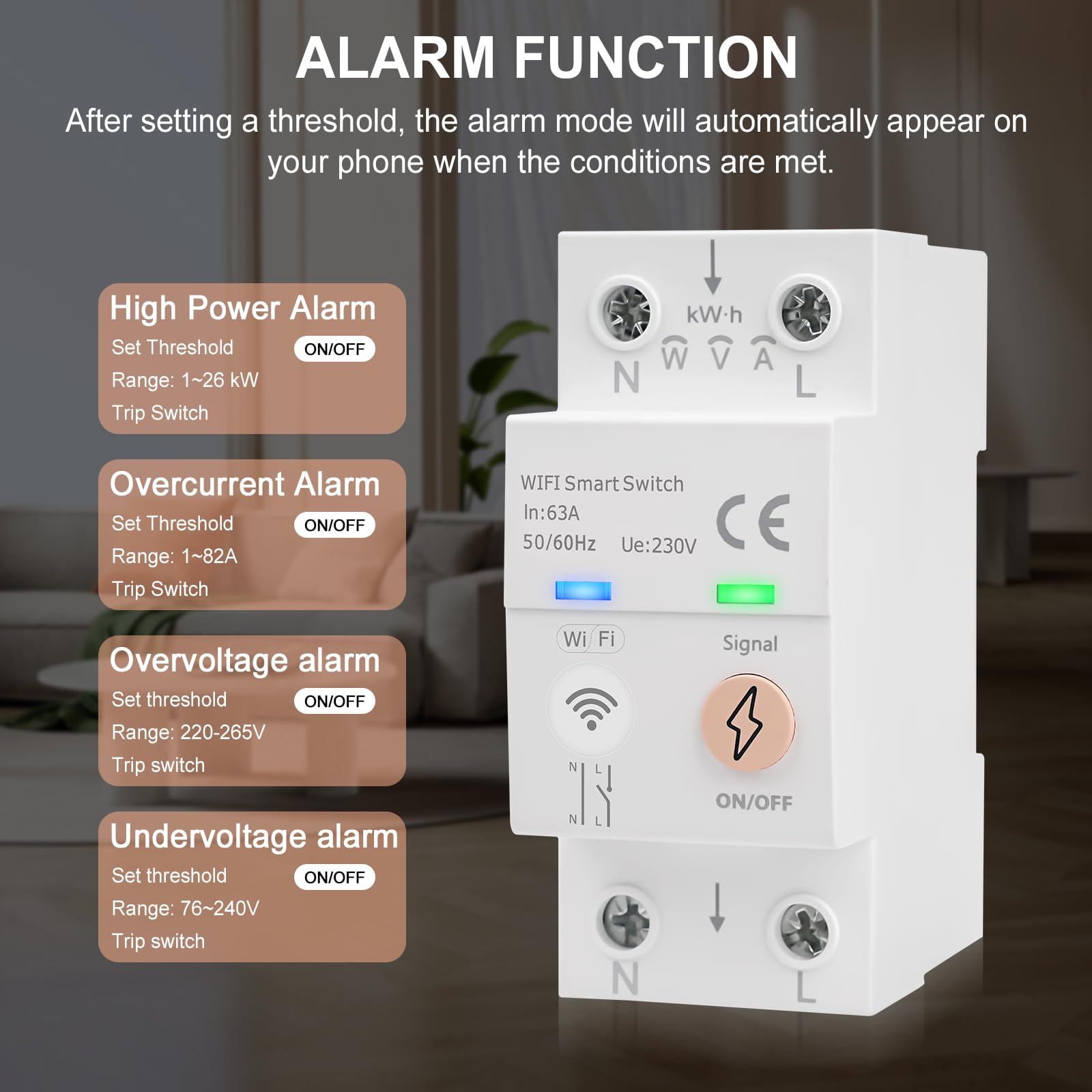 Interruptor wifi inteligente 63A Tuya Control por voz disyuntor wifi inteligente Medidor de Energía AC 80-300V interruptor remoto Protección contra sobrepresión sobrecorriente y sobrecarga
