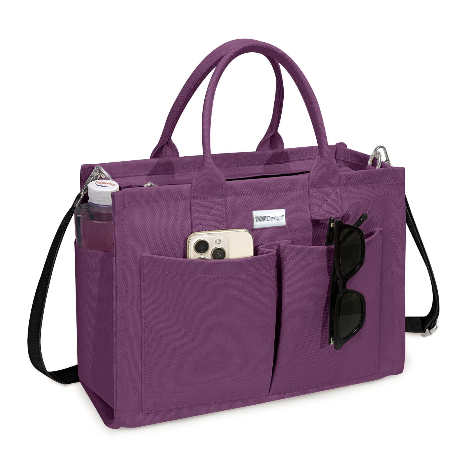 TOPDesign Heavy-Duty Canvas Tote Bag for Women, Adjustable Crossbody/Shoulder Handbag with 9 Pockets, Everything Tote