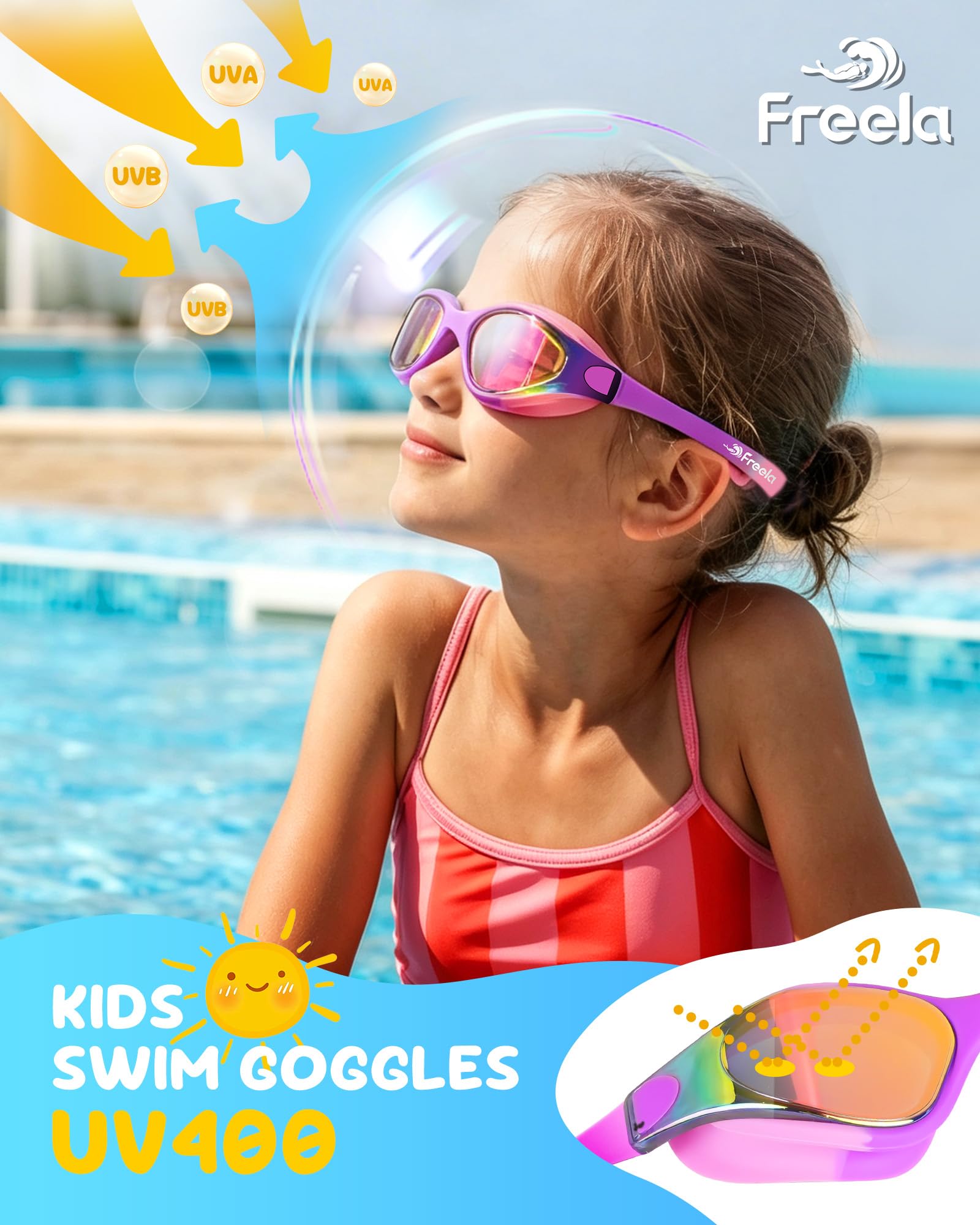 Freela Kinder-Schwimmbrille für 3–16, einteilig, Silikon, 180°-Sicht, Anti-Beschlag-Schutz, UV-Schutz, für Jungen, Mädchen, Jugendliche, 2 Stück
