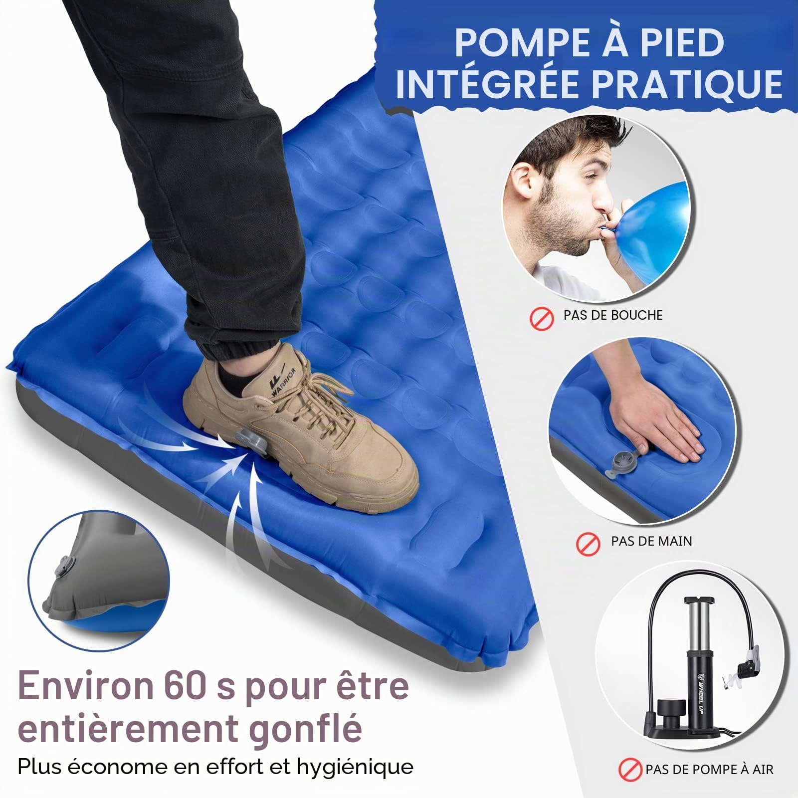 Matelas de Camping, 12CM D'épaisseur Tapis de Couchage avec Oreiller et Pompe à Pied, Couchage D' air Ultraléger, Ripstop, Anti-Fuite, Étanche, Matelas Gonflable pour Camping, Voyage, Randonnée