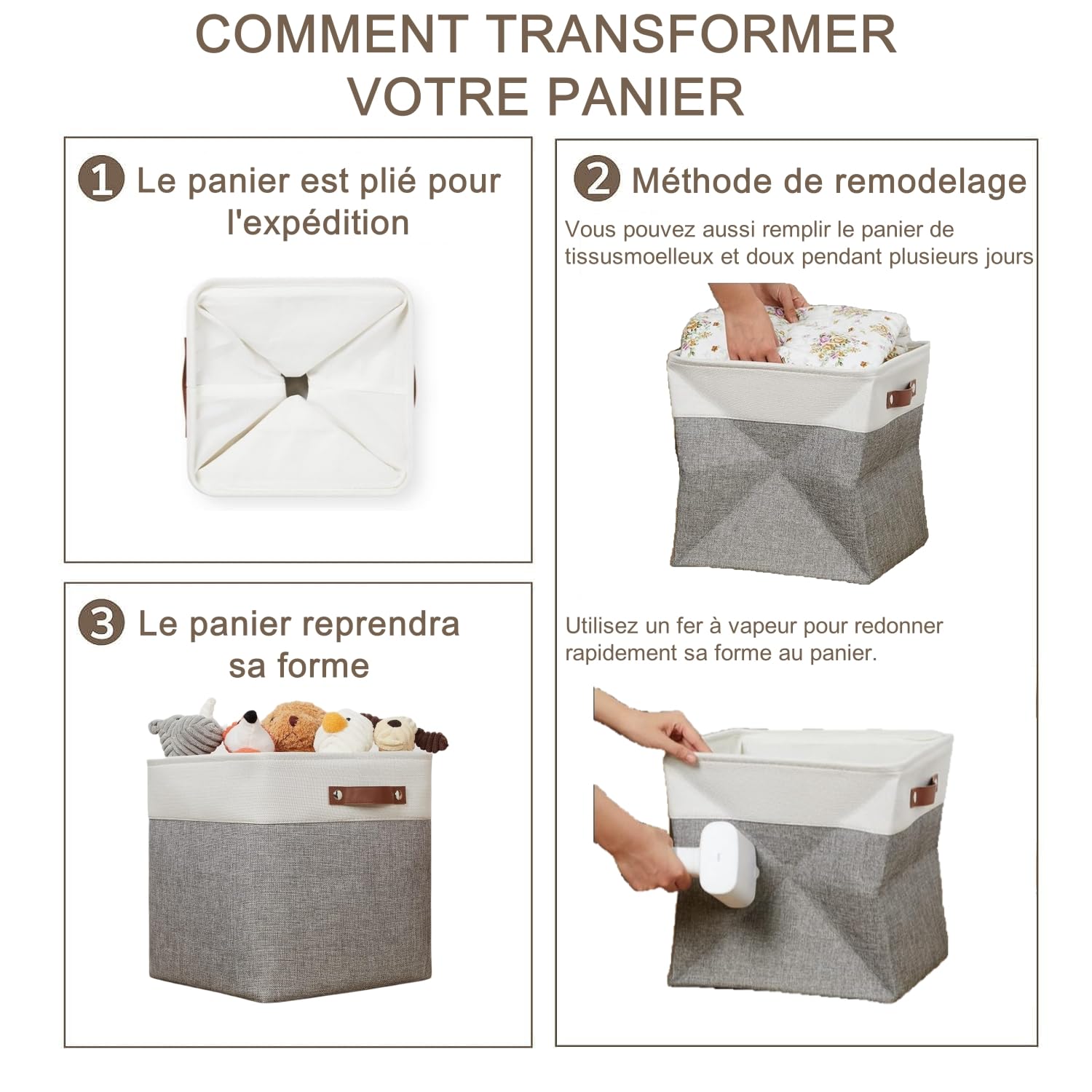 Boîte de Rangement en Tissu 33x38x33cm, Lot de 4 Paniers de Rangement Cubiques Pour Armoire, Étagère, et Vêtements, Gris&Blanc