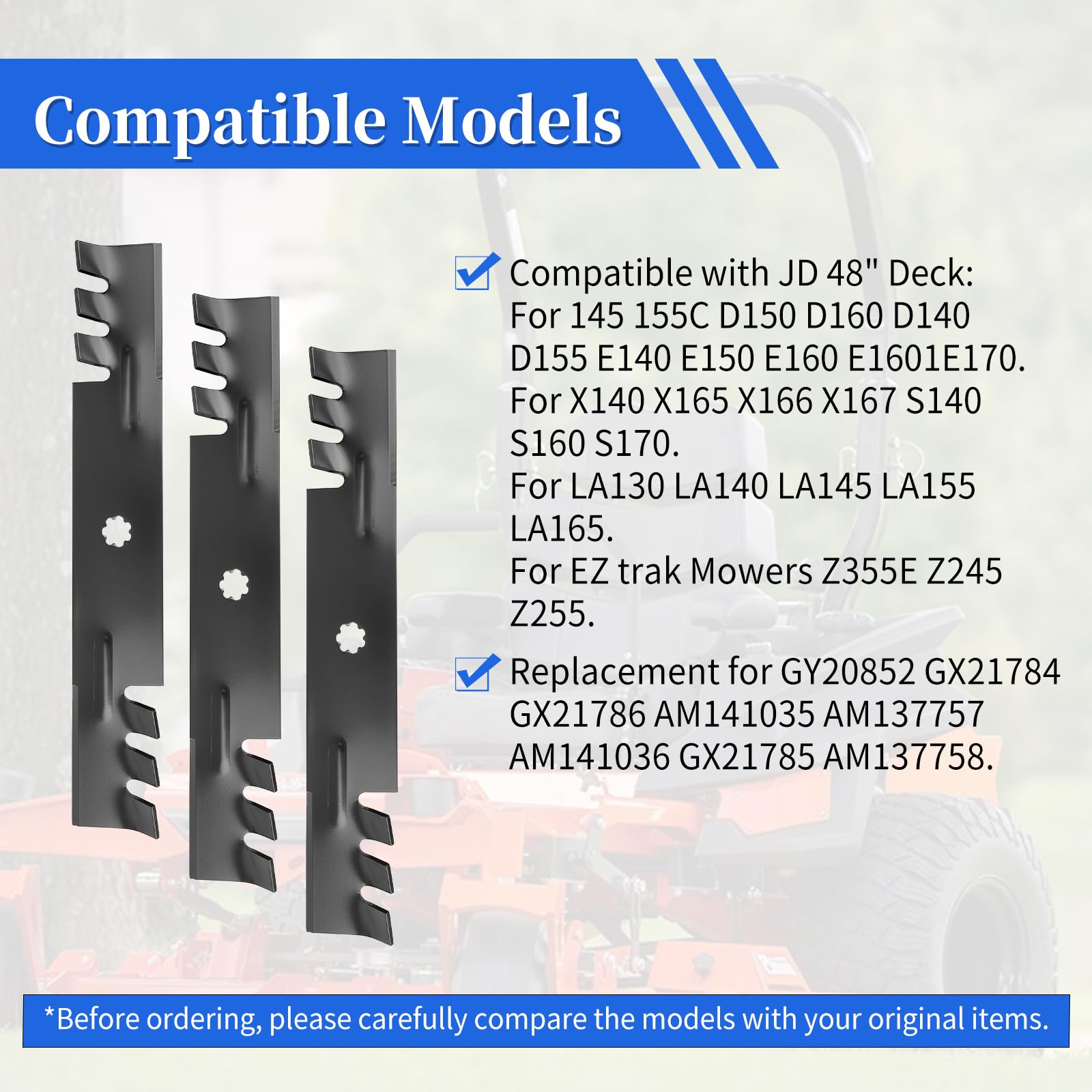 Keycci GY20852 - Cuchillas de mantillo, compatibles con John Dee re 48 pulgadas Deck D140 E170 D160 LA145 S170 LA130, cuchillas de repuesto para cortacésped AM141035 GX21784, paquete de 3