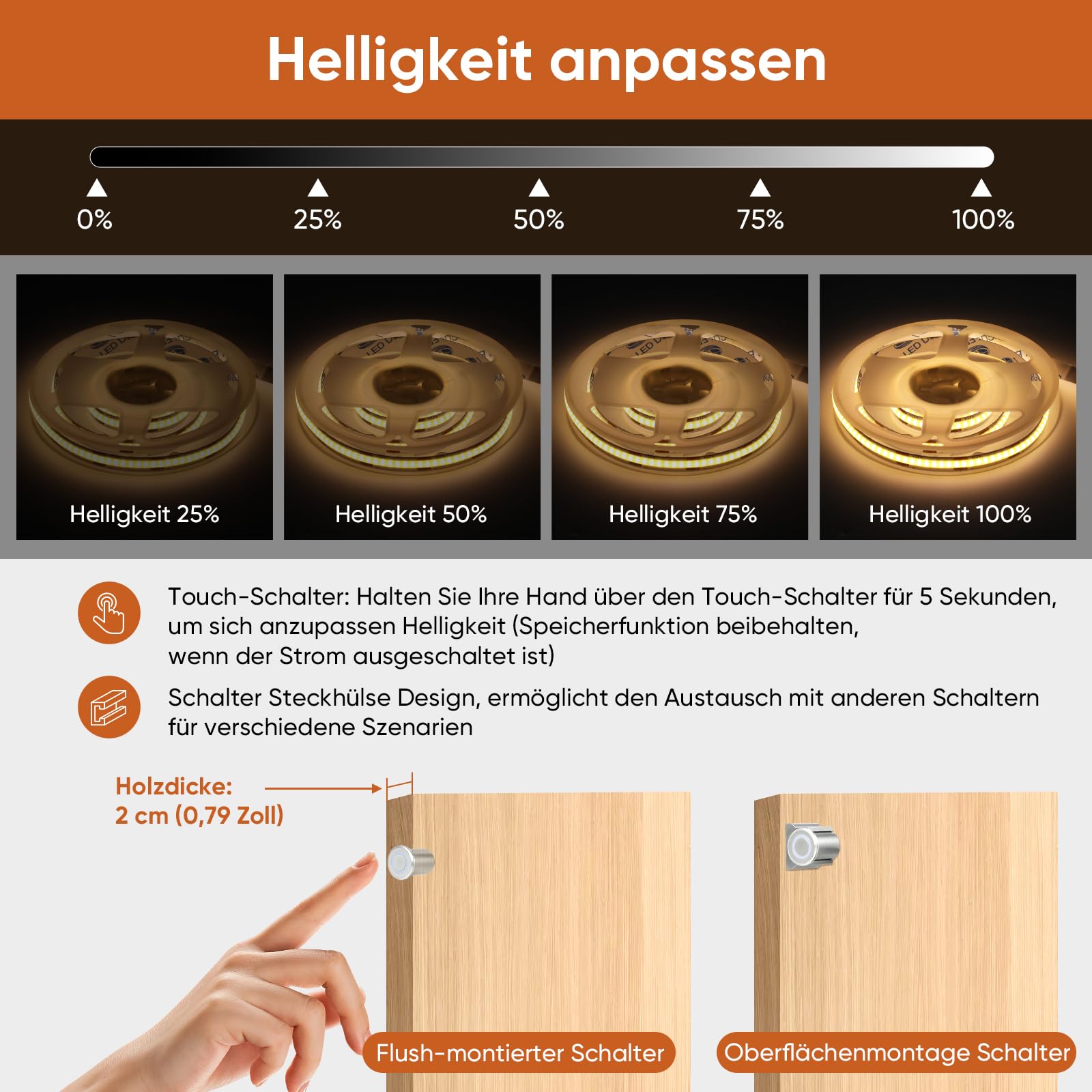 Schrankbeleuchtung Set, COB LED Strip 2 m 6 Rollen, Warmweiß Dimmbar mit Touch-Schalter, Kürzbar, Geeignet für Vitrinen, Weinschränke, Ausstellungsvitrinen und Küchen