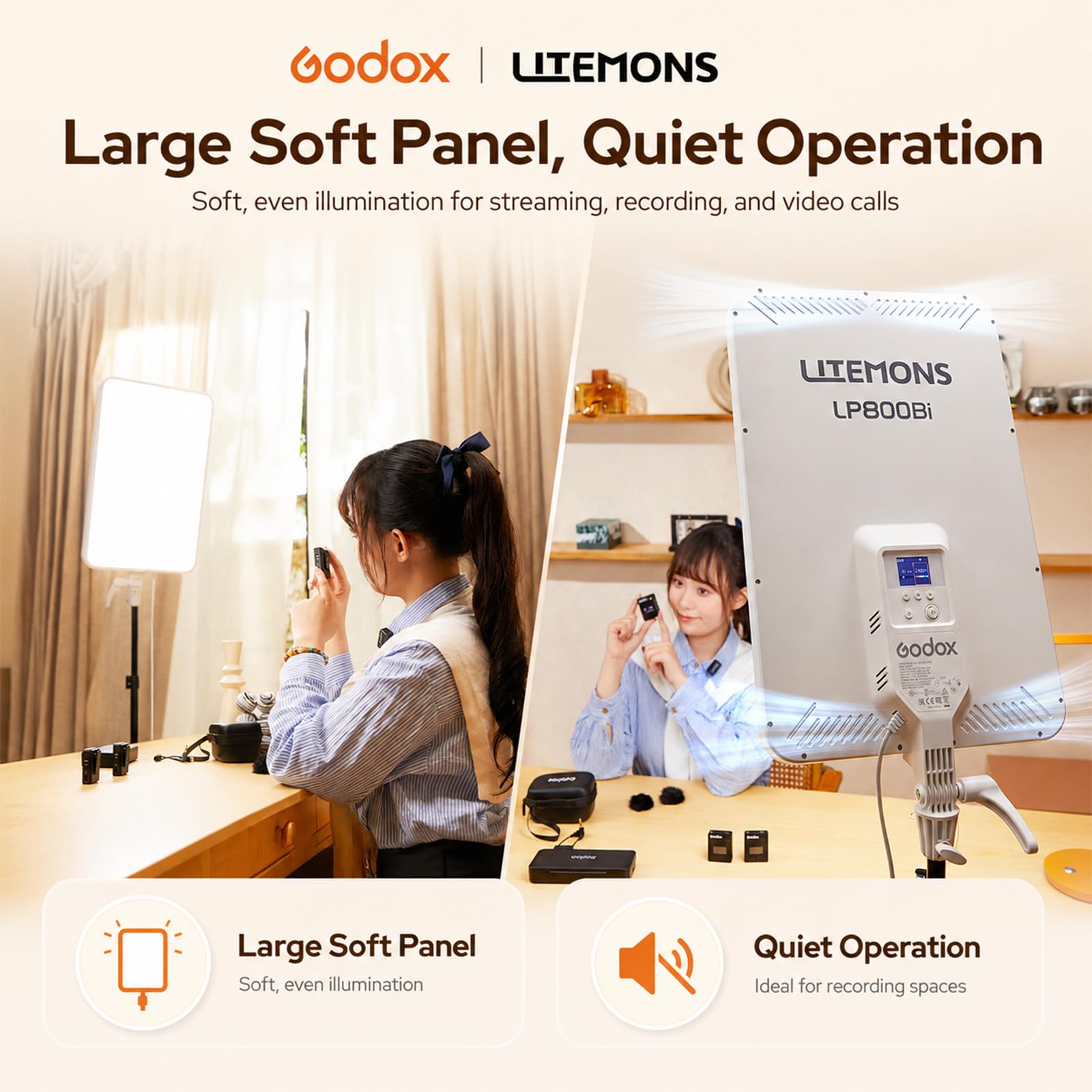 Godox LP800Bi Panneau LED 85W Bi-Color 2800-6500K CRI96 Studio Vidéo