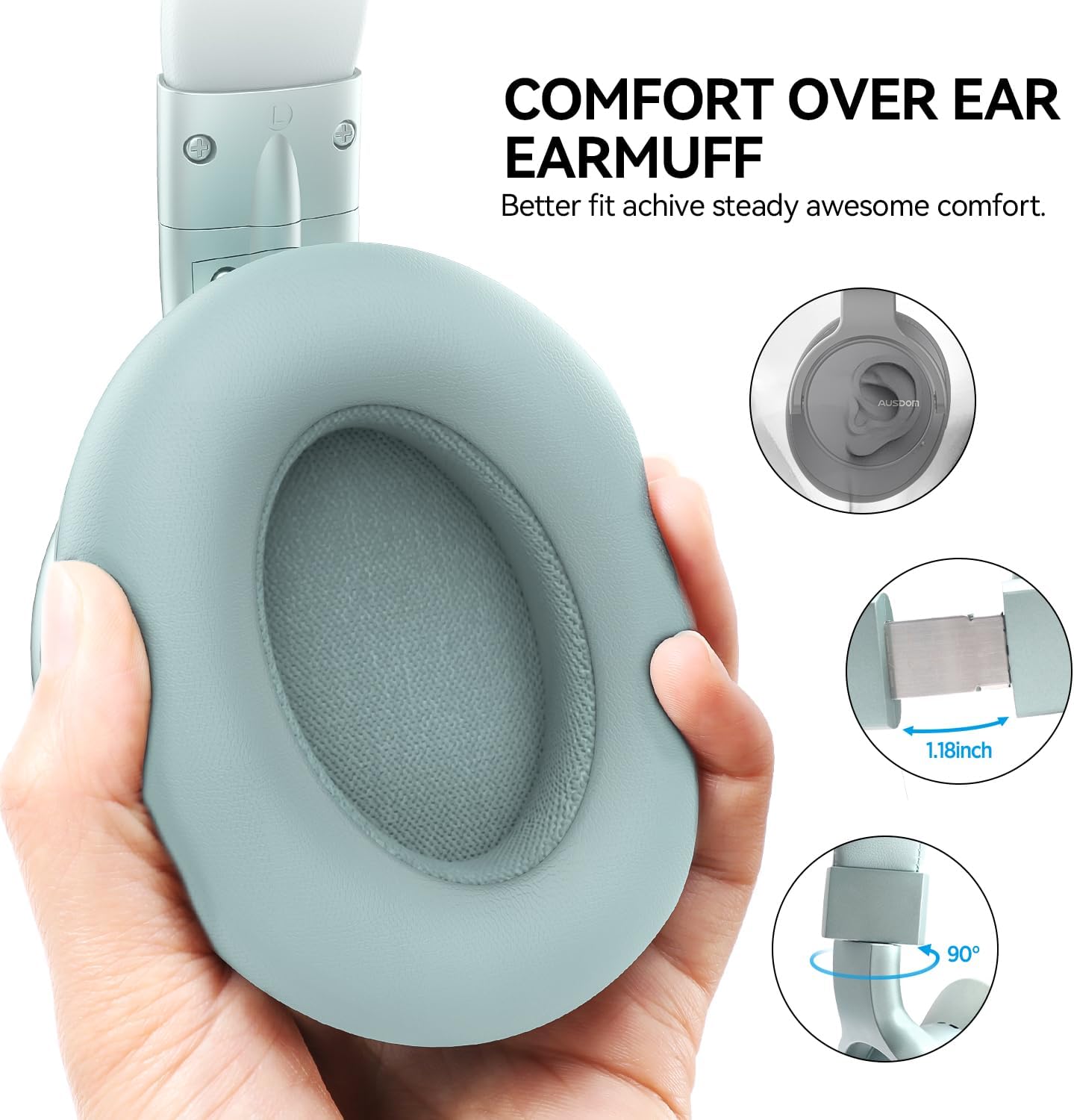 AUSDOM Wireless Noise Cancelling Headphones Bluetooth, E7 Over-Ear ANC Headphones with Microphone, 50Hrs Playtime, Hi-Fi Stereo Sound, USB C Charge, Comfortable Earpads for Travel Work, Mint Green