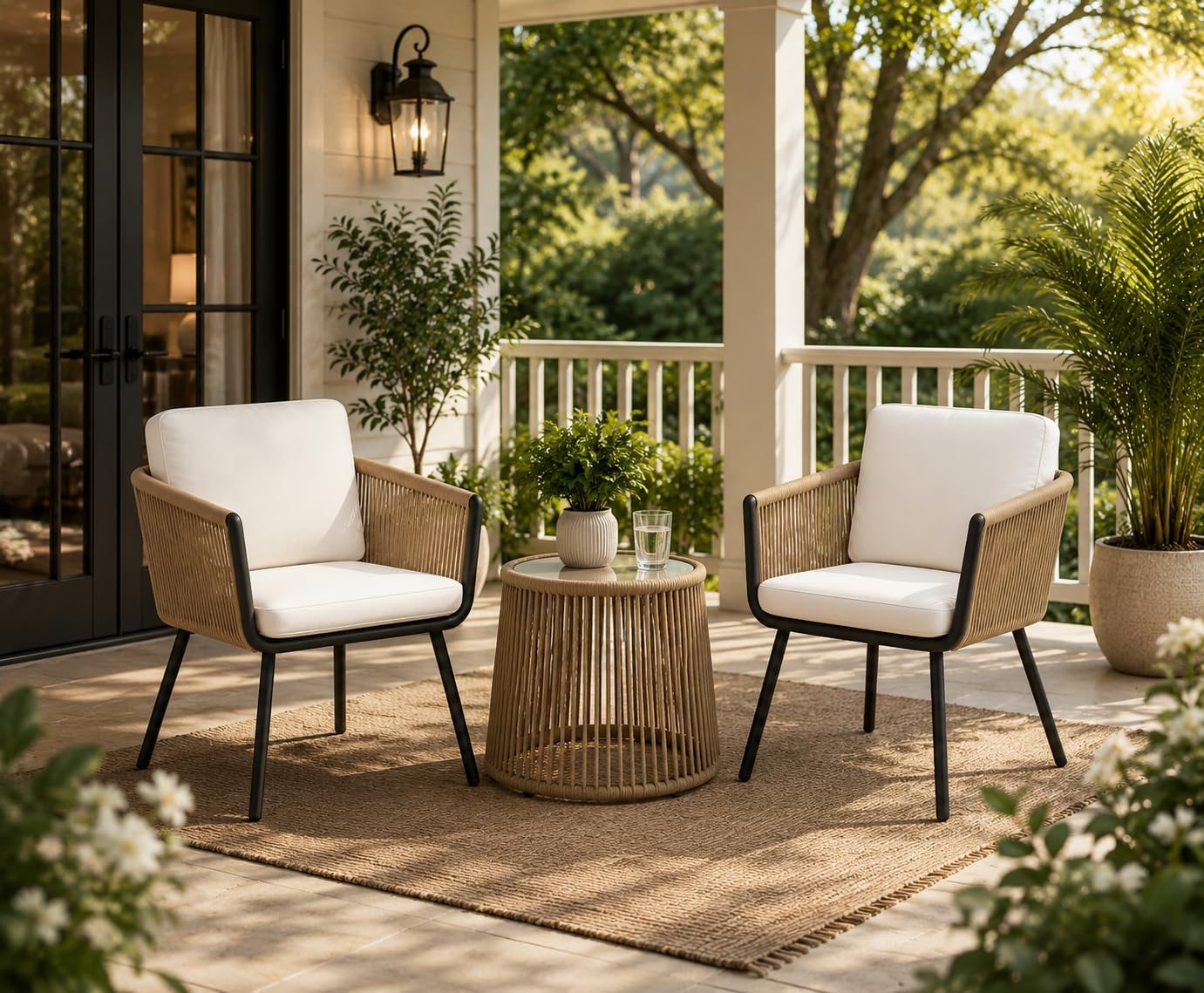 DRX Outdoor Patio Furniture Set with 2 Handwoven Braid Rope Chairs (Beige), Cushions (White) & Glass Top Table, Coffee Set for Balcony, Garden or Terrace-image-37
