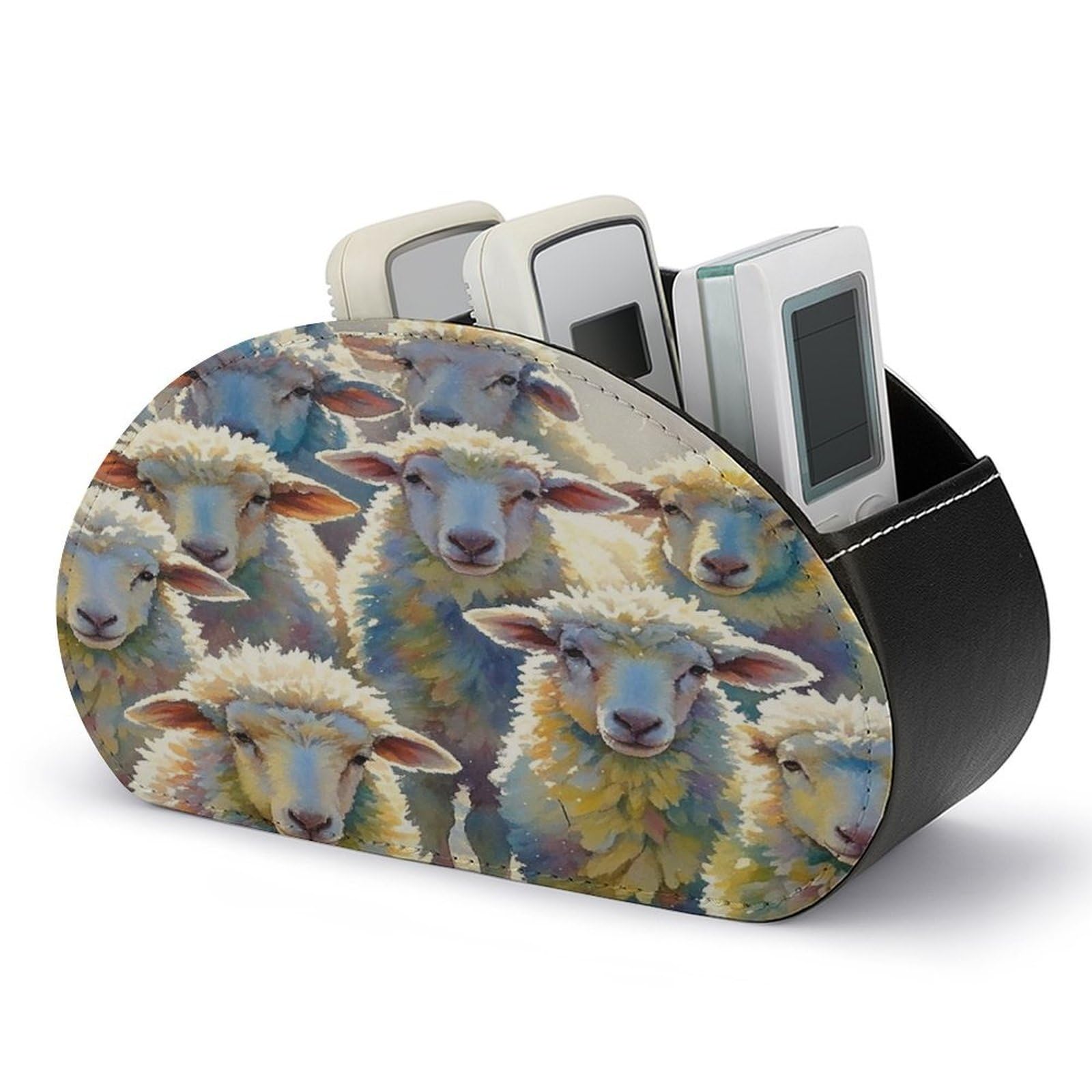 FekiLoot Watercolor Sheeps Remote Control Holder with 5 Compartments Multi-functional TV Remote Caddy Organizer Leather TV Remote Holder Desktop Organizer Store for Bedside Table Office Desk