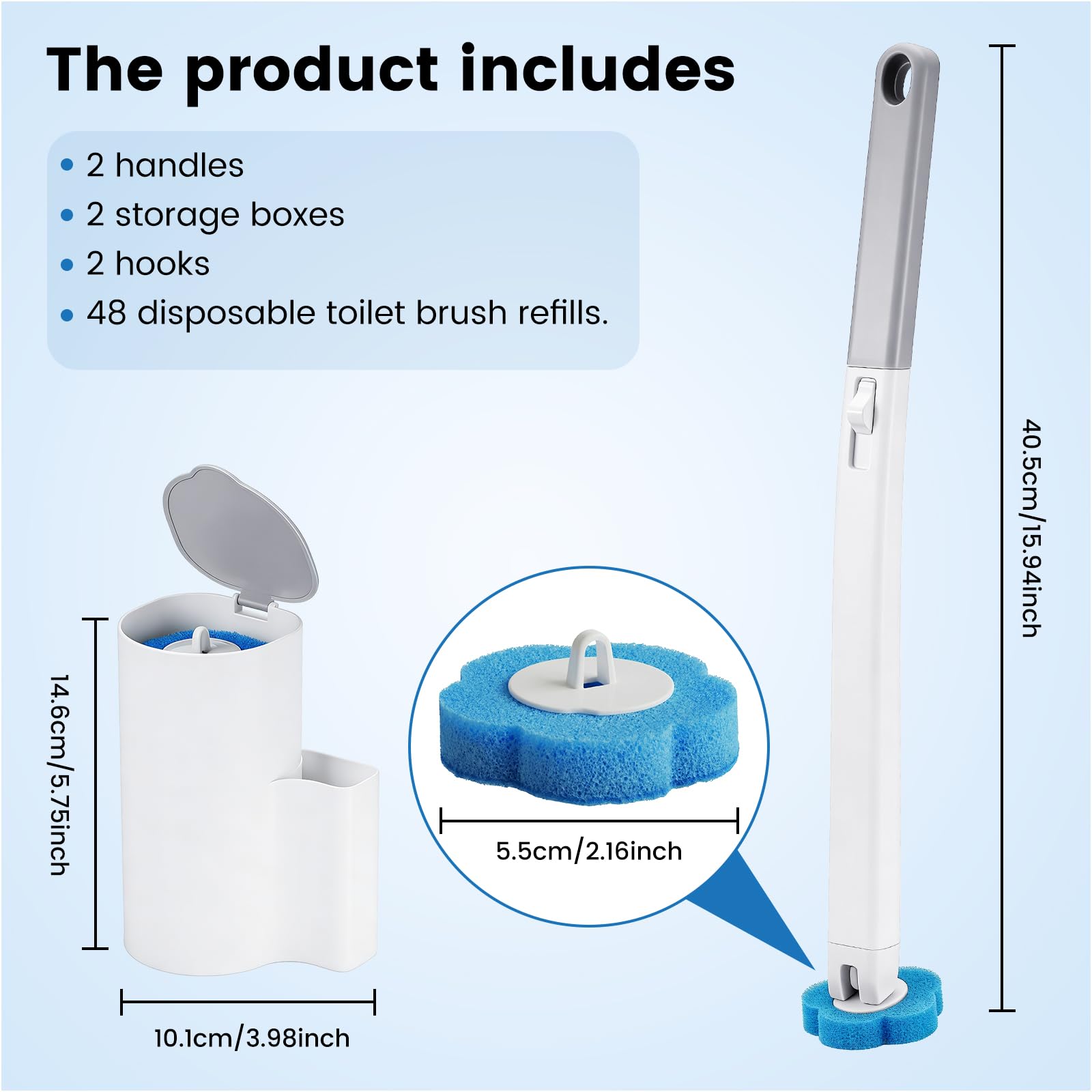 Scopino Bagno WC Usa e Getta, Scopettino a Muro Bagno con Manico Lungo e Testina in Spugna Usa e Getta, Scopino per WC con 48 Ricariche Detergenti per Lavandini e Vasche da Bagno (3 sapori)