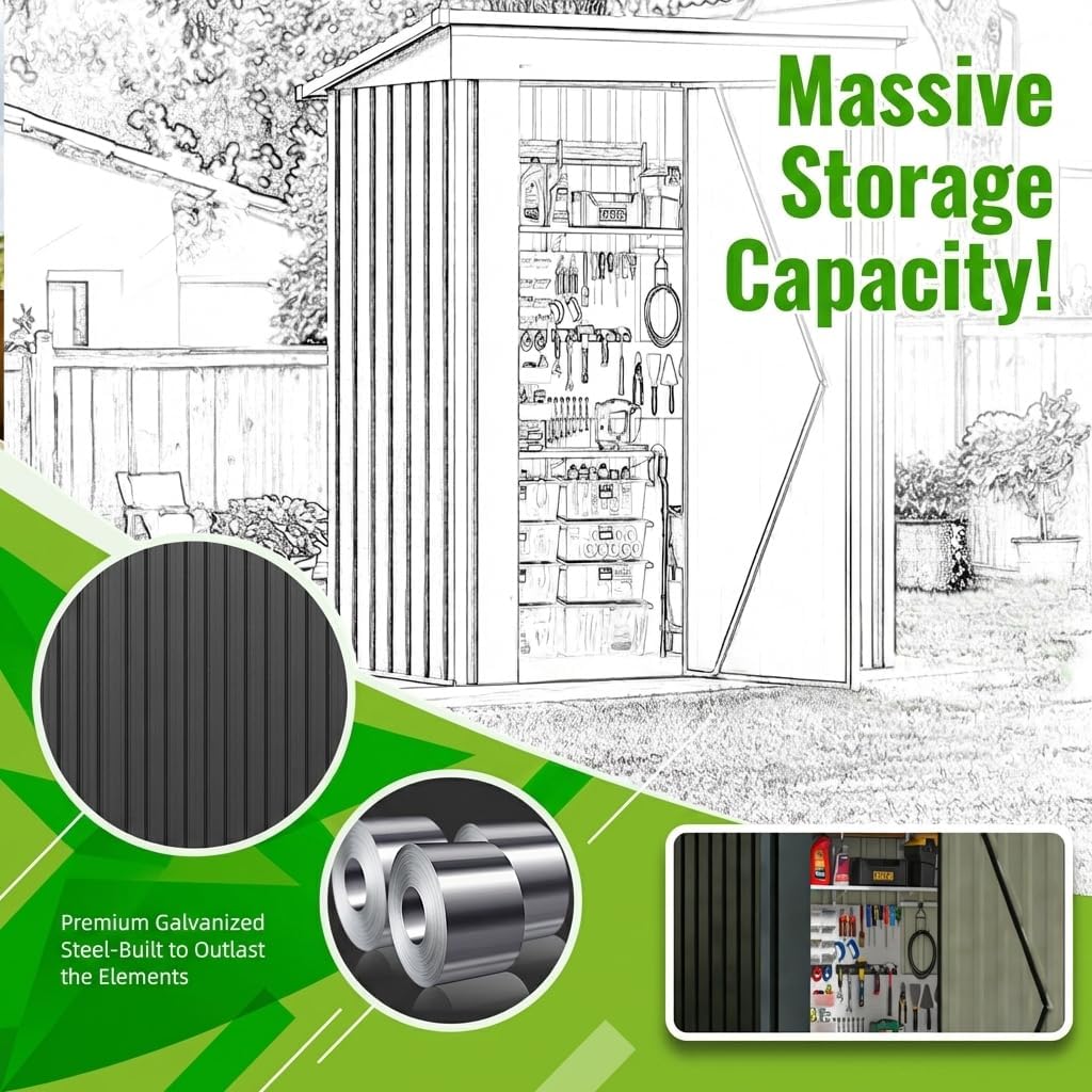 MNLR 5 X 3 FT Metal Outdoor Storage Shed, Waterproof Utility Garden Shed with Lockable Door, All-Weather Storage House for Bikes, Tools, Lawn Equipment, Patio and Backyard, Black
