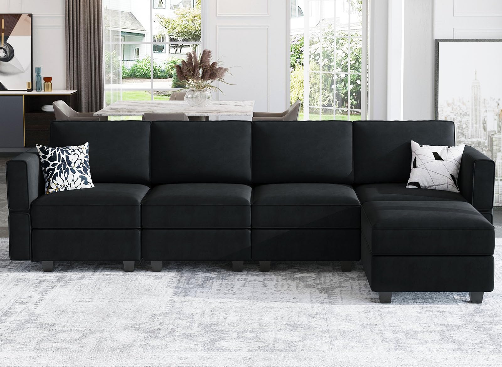 Belffin Modular Sectional Sofa Couch with Reversible Chaise Velvet L Shaped Couch Sofa with Storage 4-seat Convertible Sectional Sofas Black