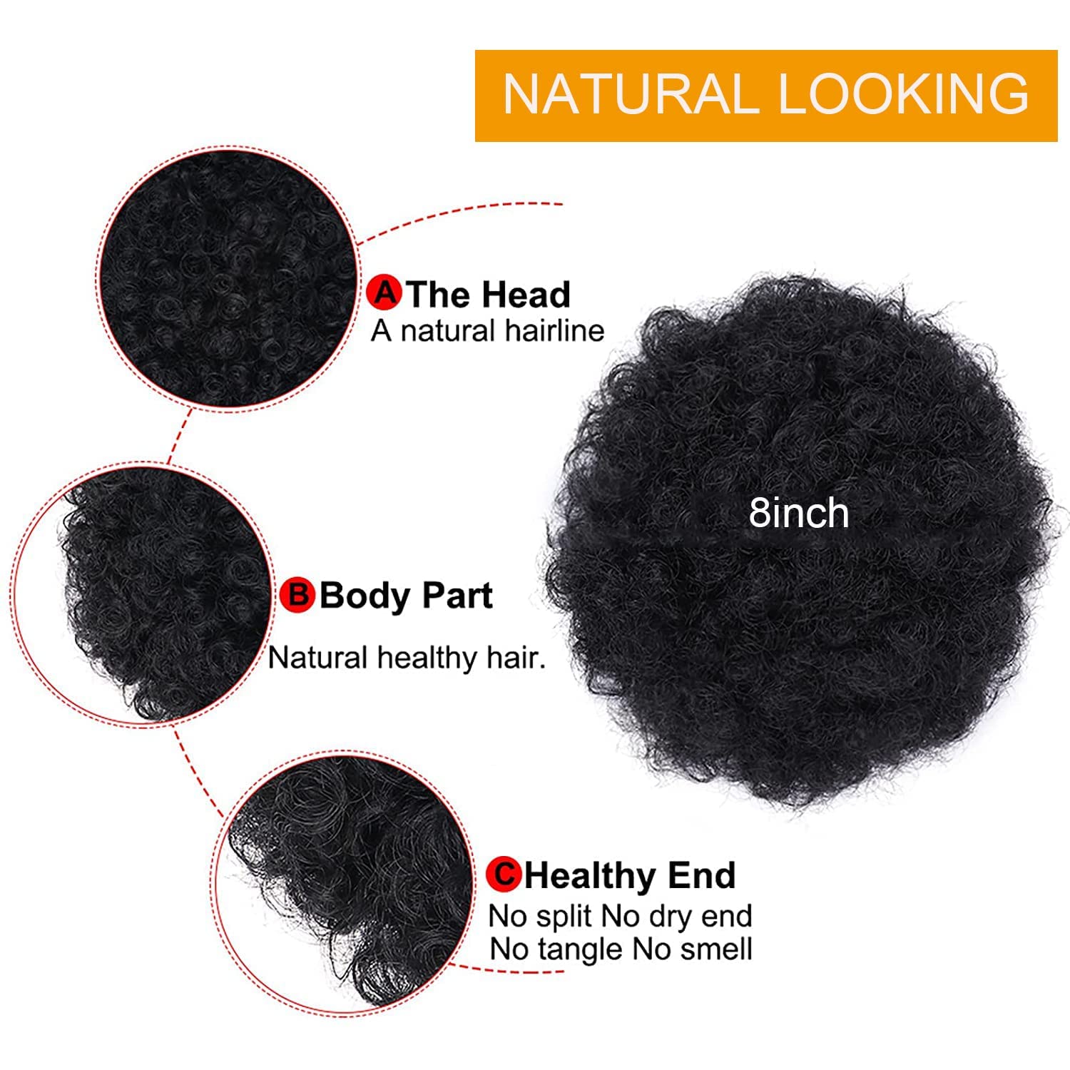 Cola de caballo afro con cordón y flequillo, extensión de cola de caballo para mujeres negras, postizo corto y rizado con clip (1B) (sin flequillo, 1B) 6