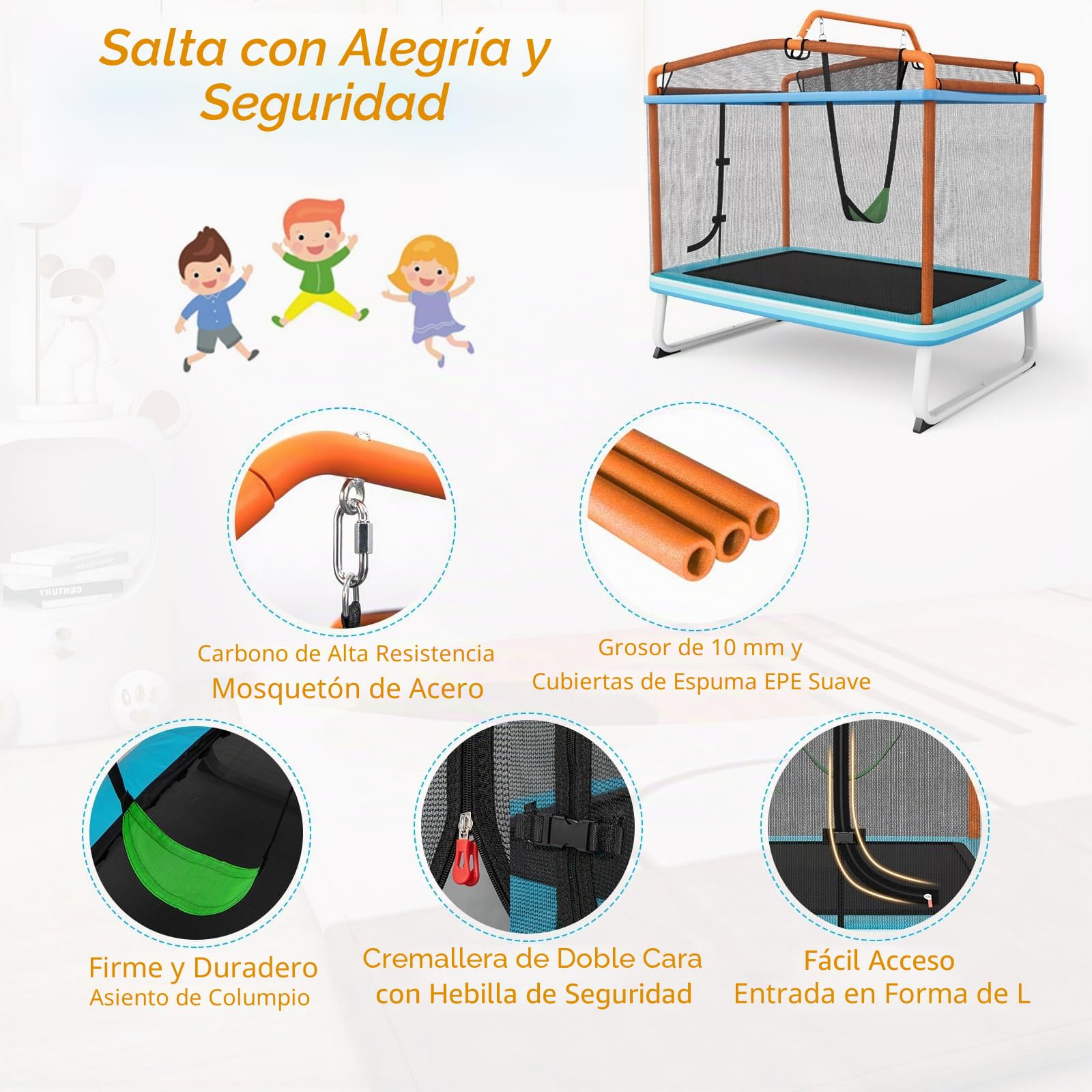 KOMFOTTEU Cama Elástica 3 En 1 Infantil Con Columpio Y Barra – Trampolín Rectangular Con Red De Seguridad Y Capacidad De 100 Kg