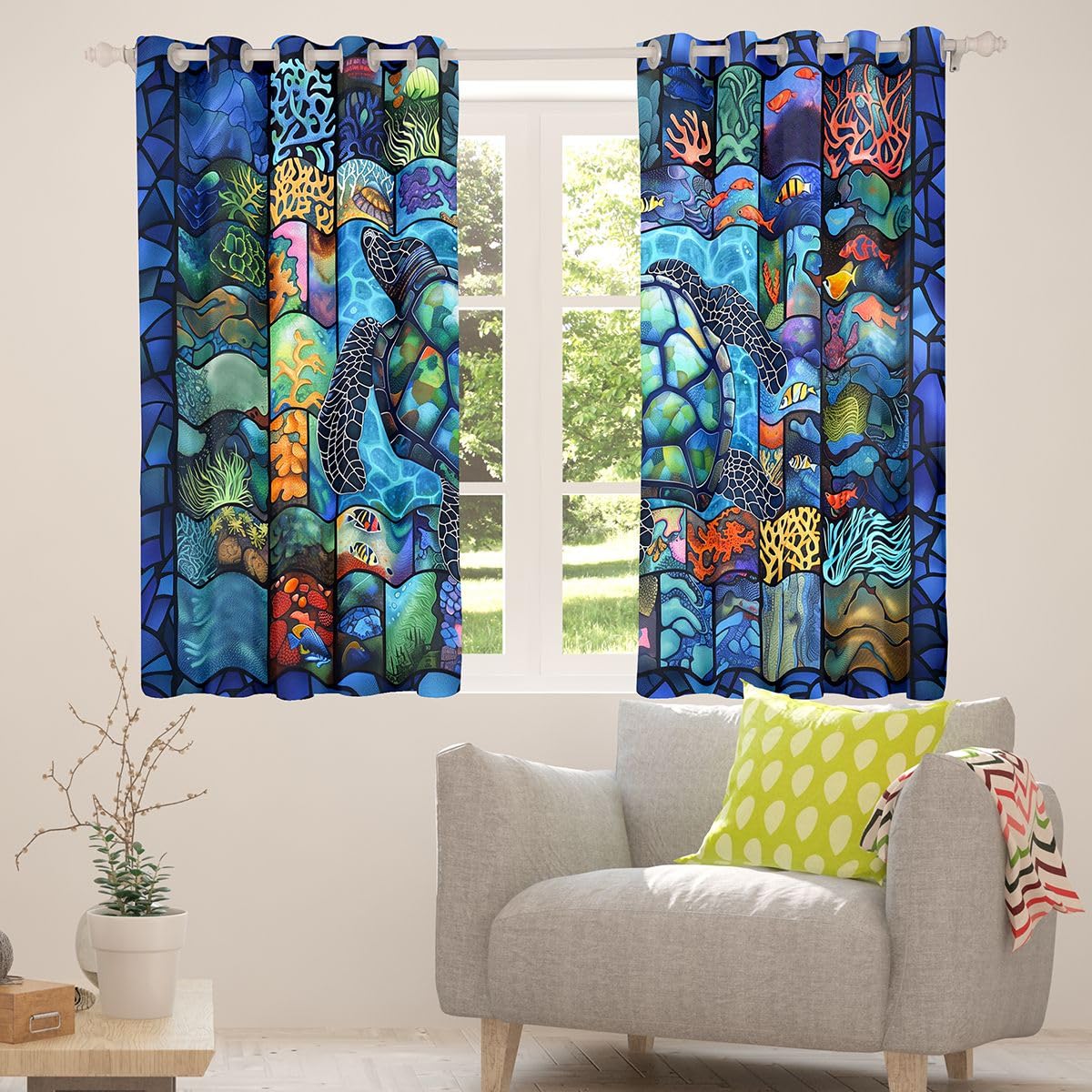 Homemissing Tende con tartaruga marina per camera da letto, soggiorno, oceano, acqua di mare, oscuranti, tonalità di vita marina e mare, tenda oscurante, trattamenti per finestre, 2 pannelli L 66 x 90