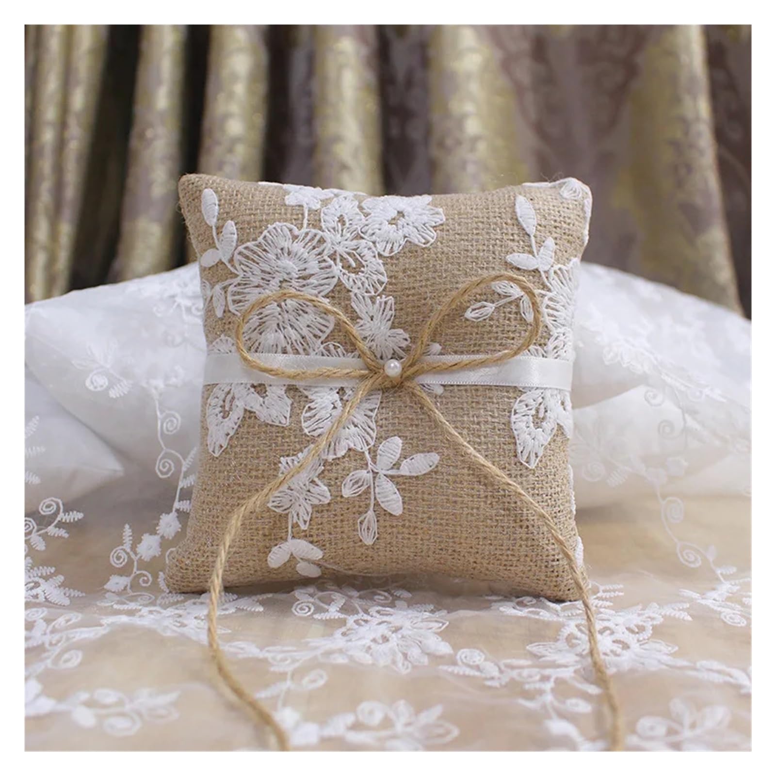 Hochzeit Ringhalter Kissen Ringkissen mit Spitze, Schleife, Vintage-Stil, for Hochzeit, Verlobung, Dekoration, Schmuck, Ringe, Kissen, Vintage-Jute-Kissen aus Sackleinen