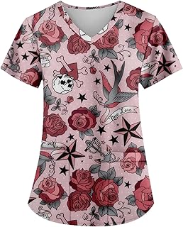 Unisex V-Neck Skull Print Loose Fit Short Sleeve Scrub Shirts Nursing Tops with Pockets
