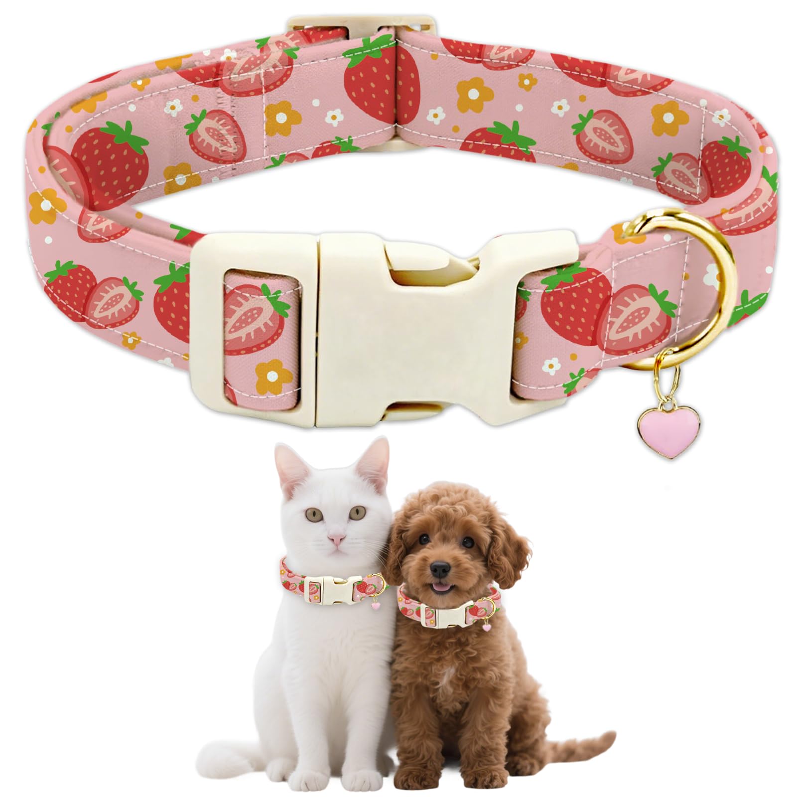 GLOBLELAND Strawberry Dog Collar Fruit Puppy Collar Heart Adjustable Pet Collars with Quick Release Buckle for Small Dogs Walking Running