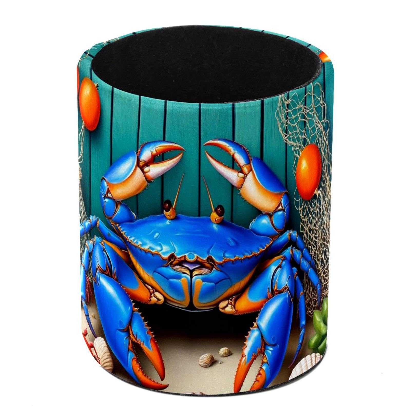 HEOEH Blue Crab Pen Holder for Desk, PU Leather Pencil Holder Pen Cup Marker Holder Makeup Brush Holders, Desk Accessories & Workspace Organizers for Home, Office