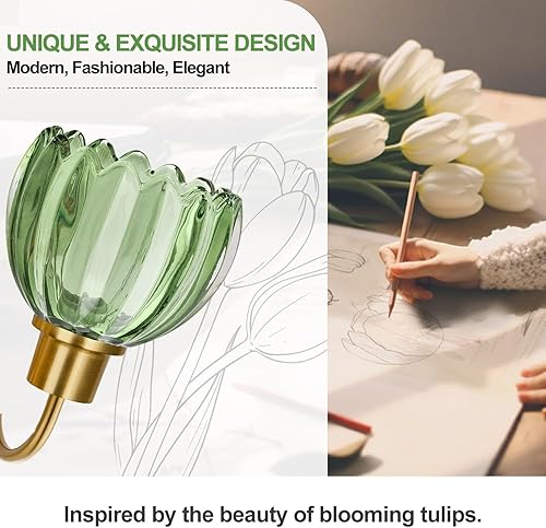 Miniatura 6 de Lámparas de baño (3 luces, 20 pulgadas), luces de tocador de oro cepillado para baño con pantalla de cristal de tulipán verde acanalado, luces de