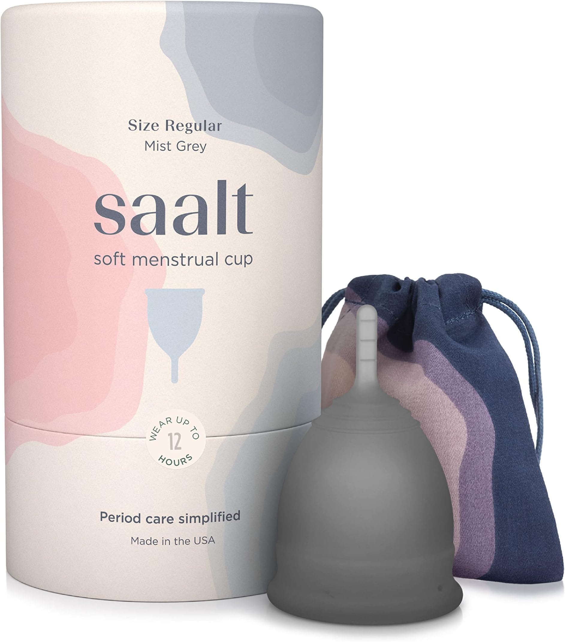 Saalt Soft Menstrual Cup - Super Soft and Flexible - Best Sensitive Cup - Wear for 12 Hours - Made in USA (Grey, Regular)