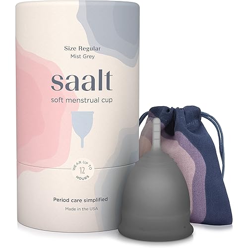 Saalt Soft Menstrual Cup – Reusable Period Cup – Made for Comfortable, Leak-Free Protection Up to 12 Hours – BPA & Latex Free – Includes Cup & Carry Bag (Regular, Grey)