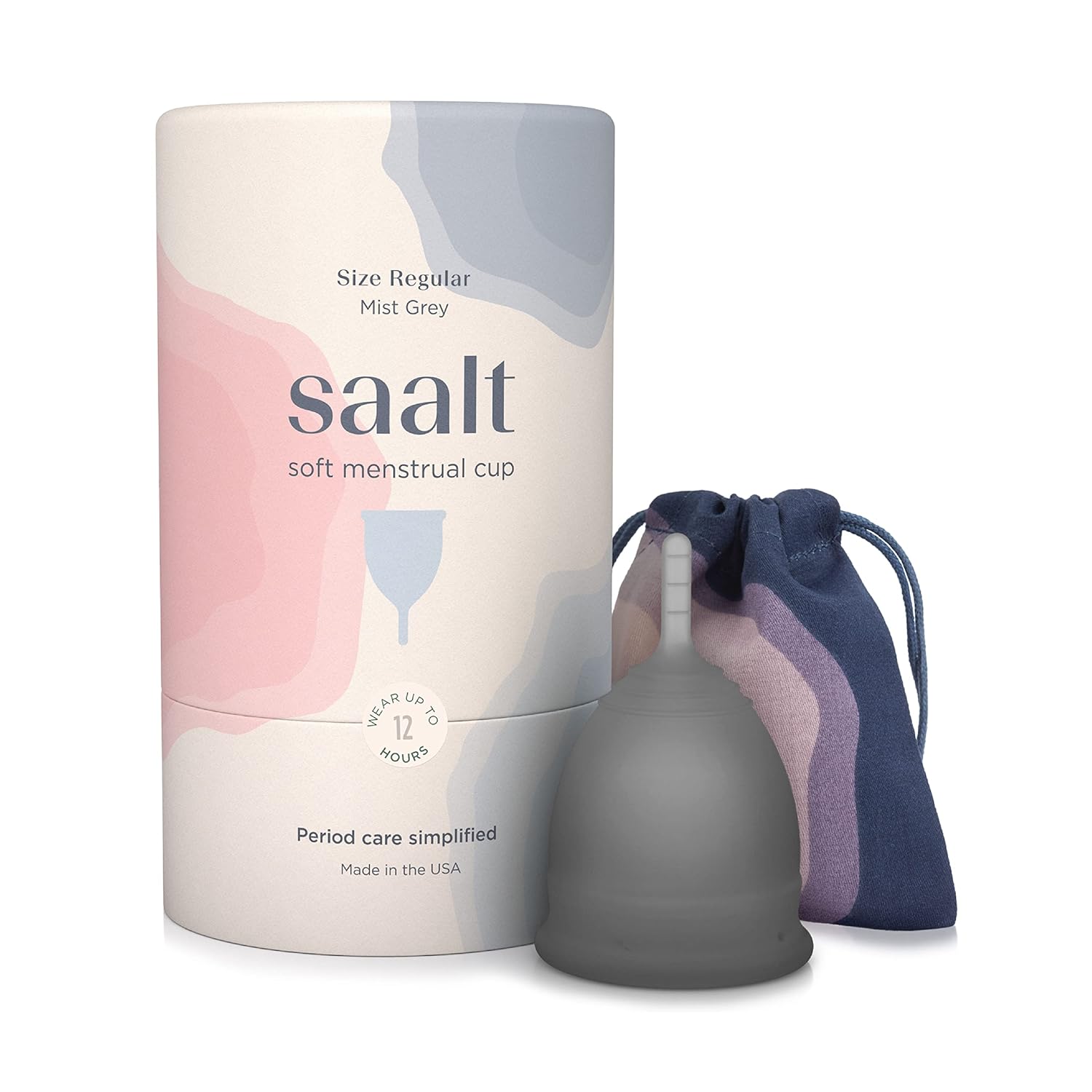 Saalt Soft Menstrual Cup – Reusable Period Cup – Made for Comfortable, Leak-Free Protection Up to 12 Hours – BPA & Latex Free – Includes Cup & Carry Bag (Regular, Grey)