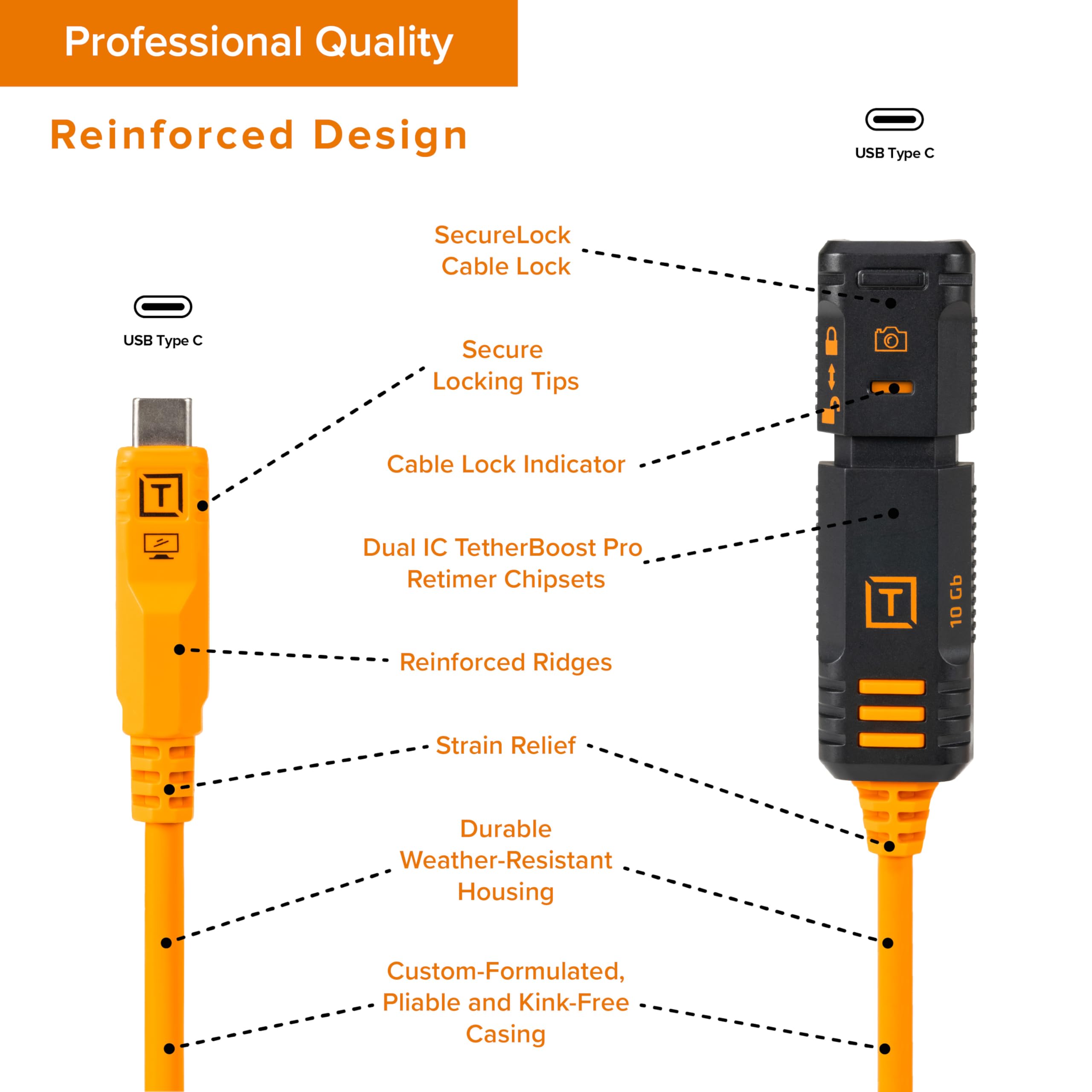 Tether Tools TetherPro Optima 10G 16' USB-C TetherBoost Cavo di prolunga con blocco – nero