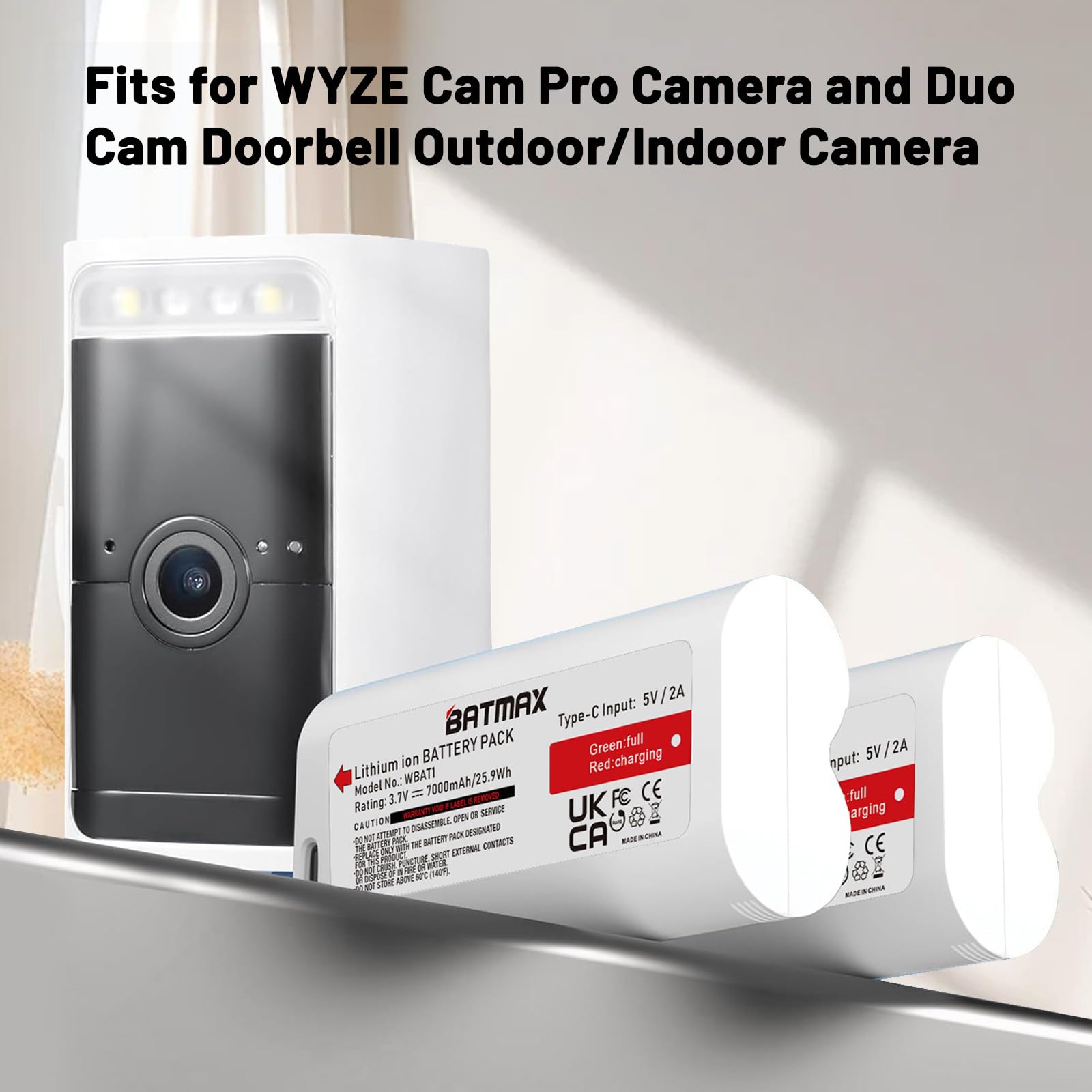 Batmax 2 baterías recargables WBAT1 de carga USB-C integradas para cámara WYZE Cam Pro