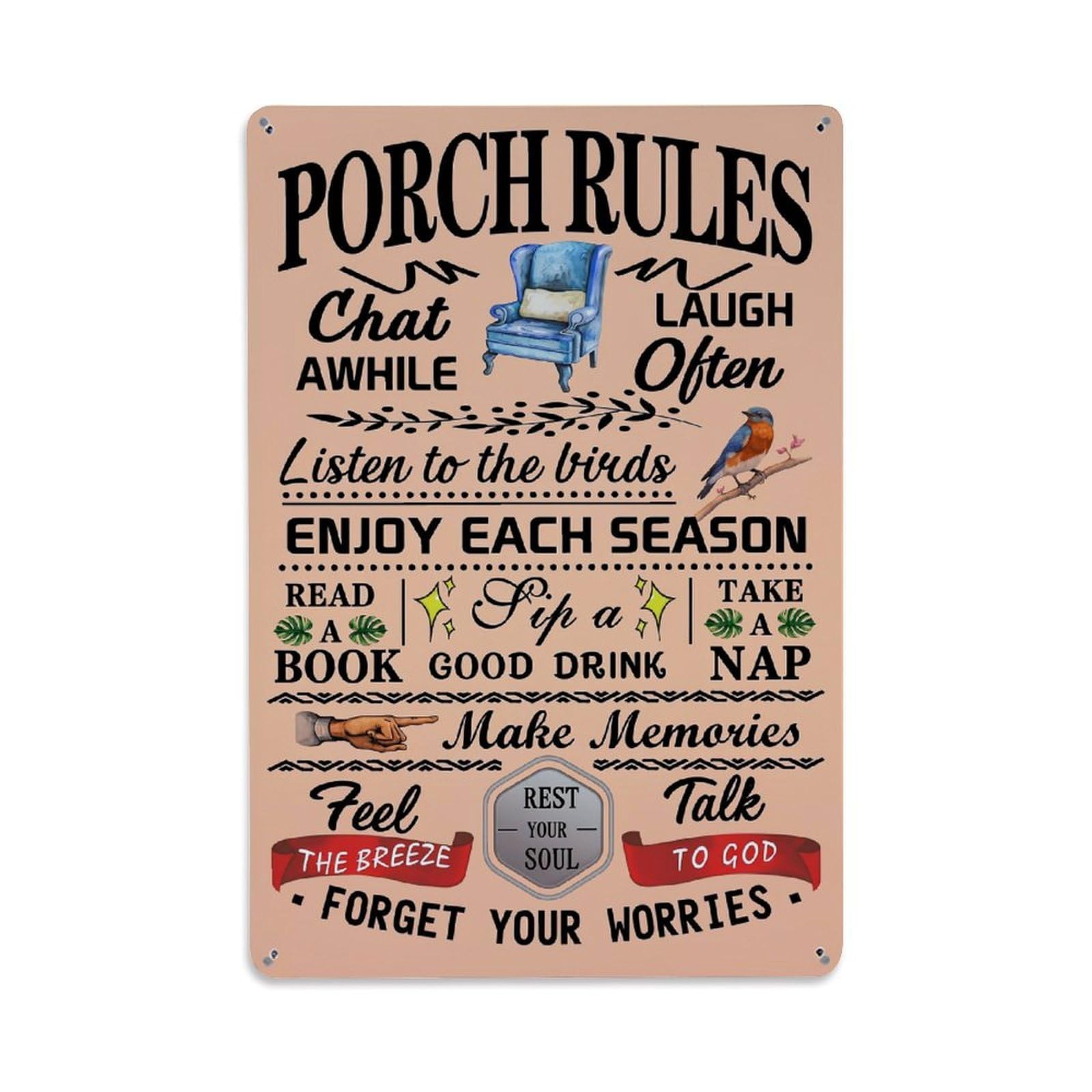 Jdyaojiesheng Vintage Porch Rules Chat Laugh Listen Enjoy Read Sip Take Make Feel Rest Talk Forget Tin Sign Retro Metal Wall Decor Metal Poster, Home Bar Garage Farmhouse Cafe Wall Art Decoration 8X12inches