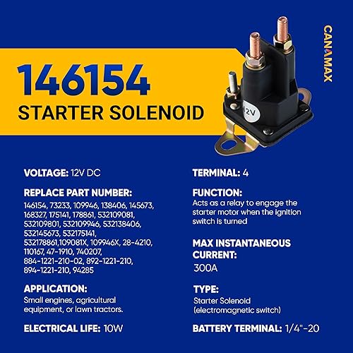 Miniatura 2 de Canamax [Actualizado 2025] Solenoide de arranque 146154 145673 de 4 polos, compatible con cortacésped Craftsman LT1000 Poulan Husqvarna 2654