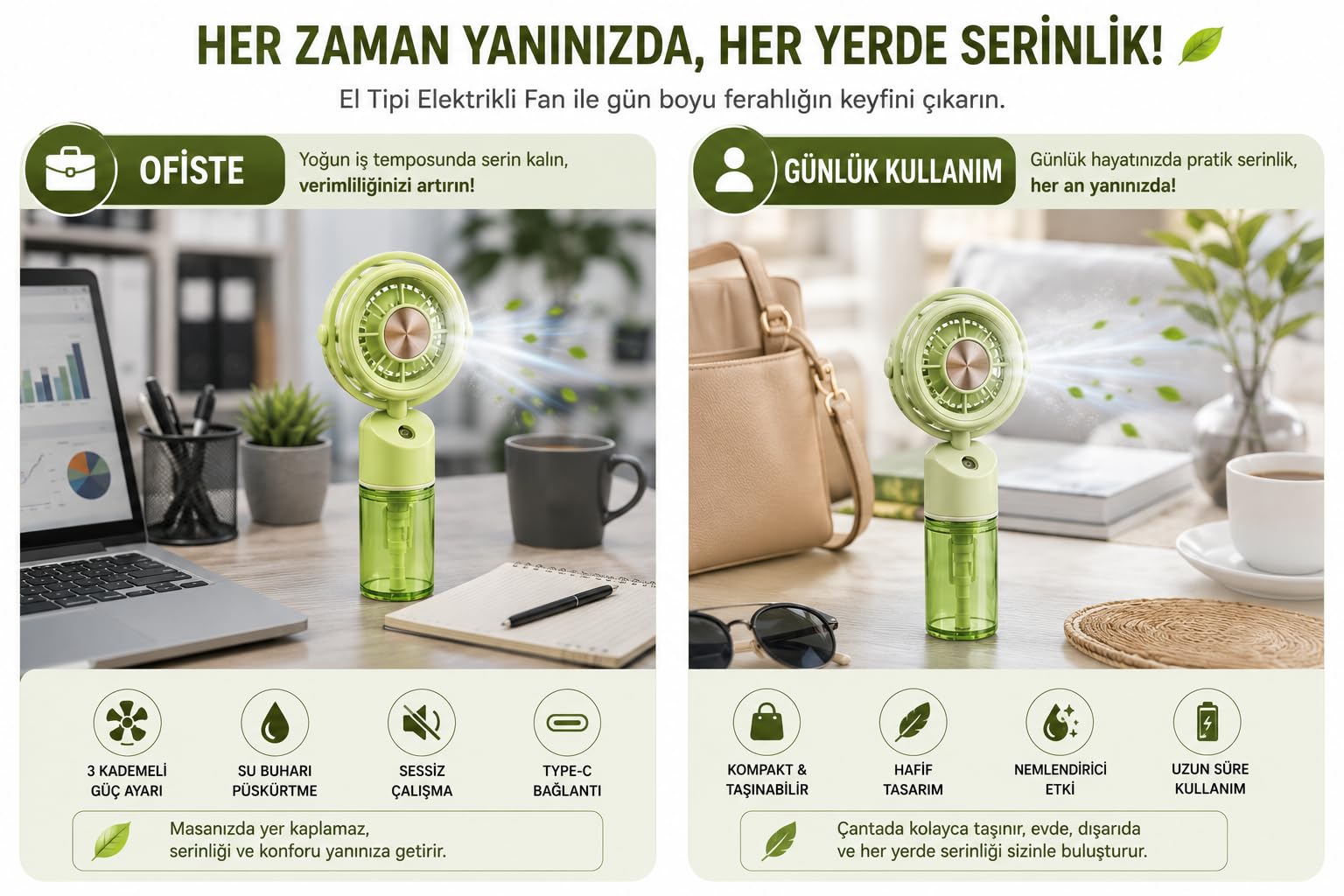 Mini El Tipi Fan Su Buharlı Serinletici Fan, USB Type-C Şarjlı, 3 Kademeli Hız Ayarlı, Taşınabilir Elektrikli Fan, Nemlendirici Püskürtmeli Portatif Fan, Ofis, Seyahat, Araç ve Günlük Kullanım İçin