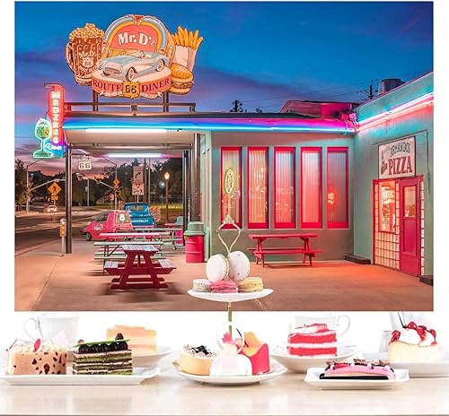 Miniatura 6 de Telón de fondo retro para restaurante de 9 x 6 pies, Ruta 66, tienda de conveniencia, luces de neón de calle, fondo nostálgico, de los años 50,