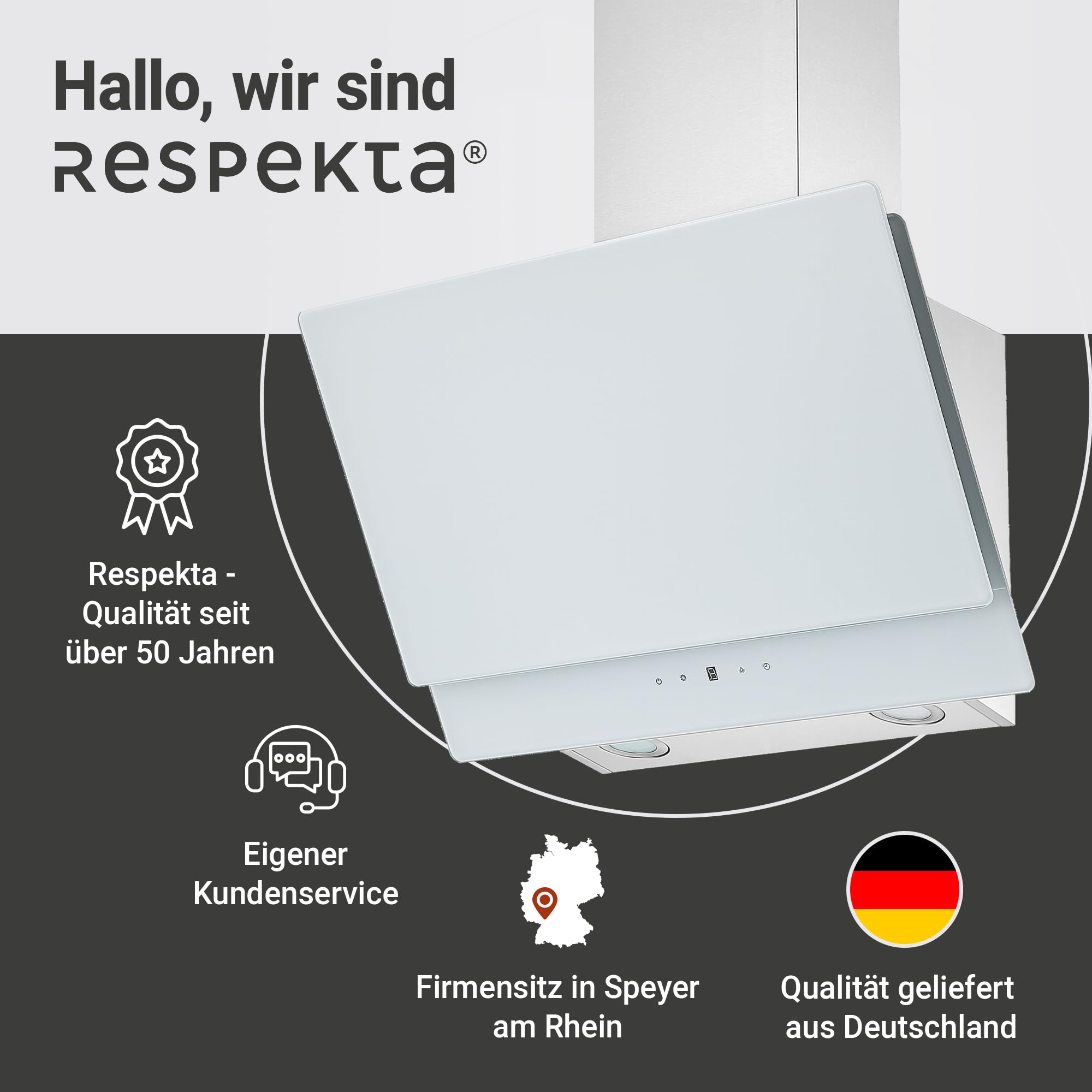 Respekta Dunstabzugshaube kopffrei/Haube schräg 60 cm/Edelstahlgehäuse mit Glasschirm in Weiß/Abluft - und Umluftfunktion / CH77060WA / A / 53–66 dB