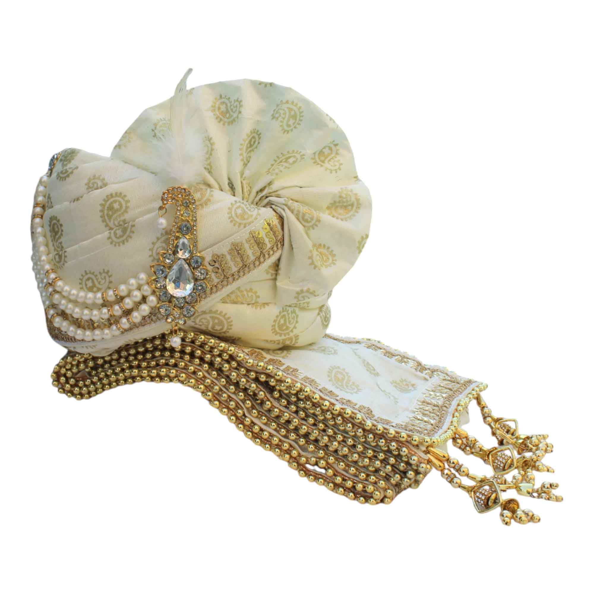 Paisley Printed Groom's Safa Stole Set, Traditional Dulha Safa Pagri with Stole/Dupatta, Off-white Colour (Pagdi Size: 22.5 to 23 Inch)